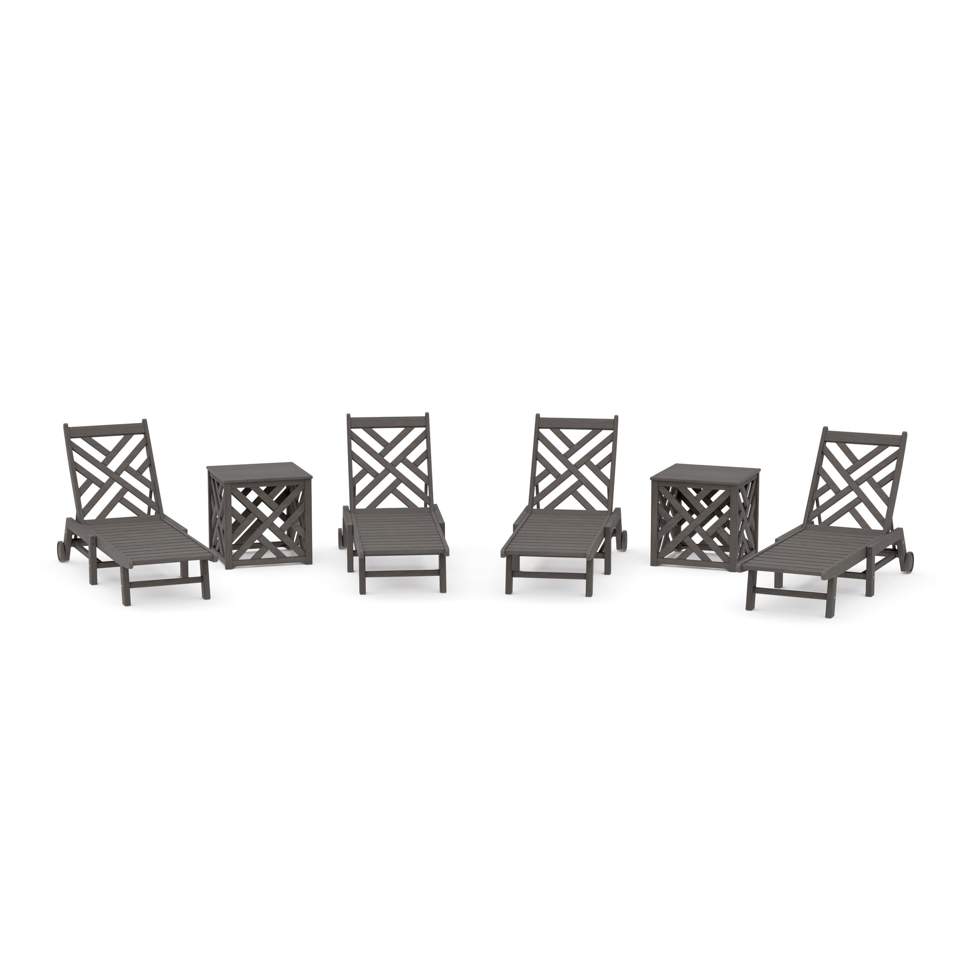 POLYWOOD Chippendale 6-Piece Chaise Set with Wheels and Umbrella Stand Accent Table — Driftwood