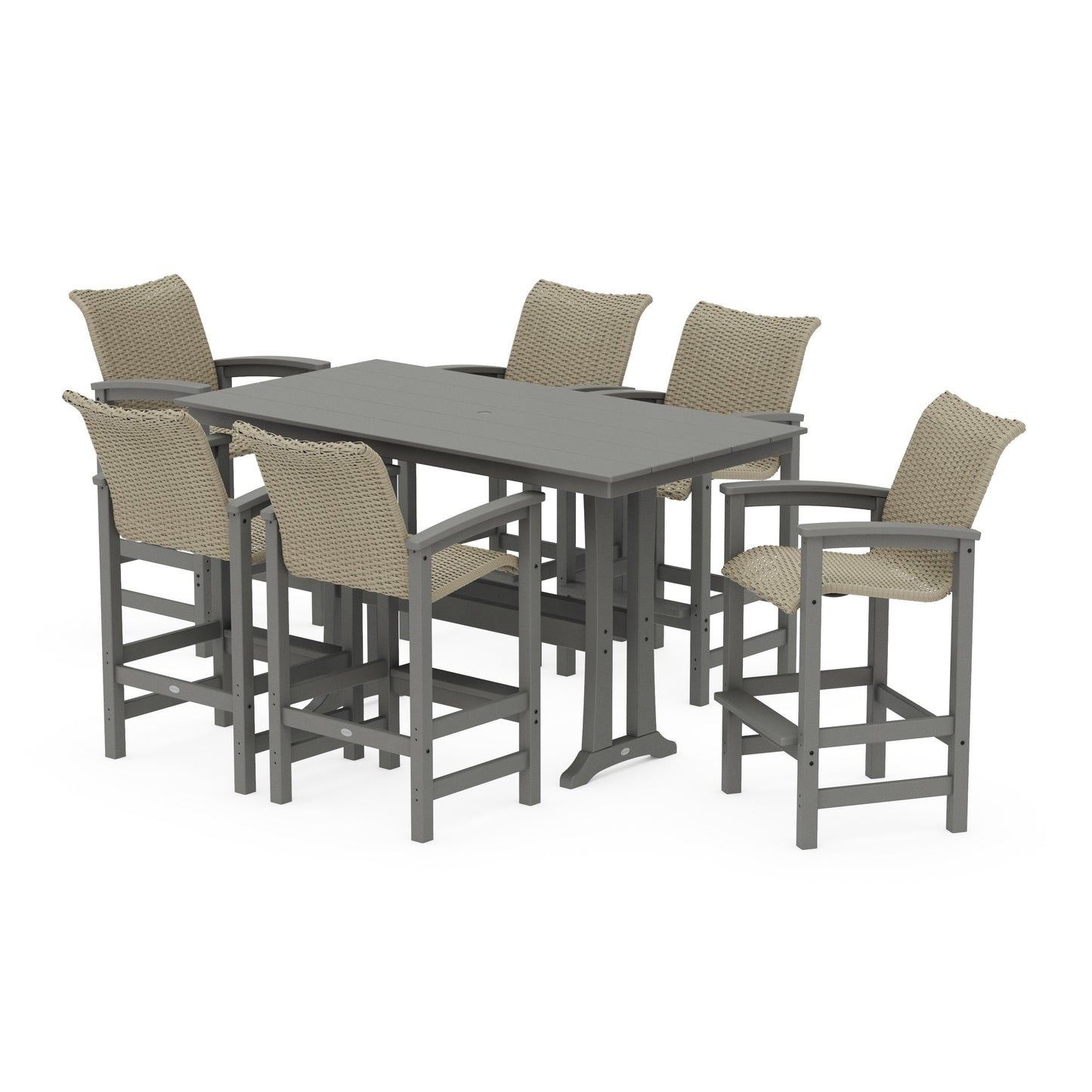 POLYWOOD Coastal Woven Arm Chair 7-Piece Farmhouse Bar Set with Trestle Legs — Slate Grey / Dune Grass