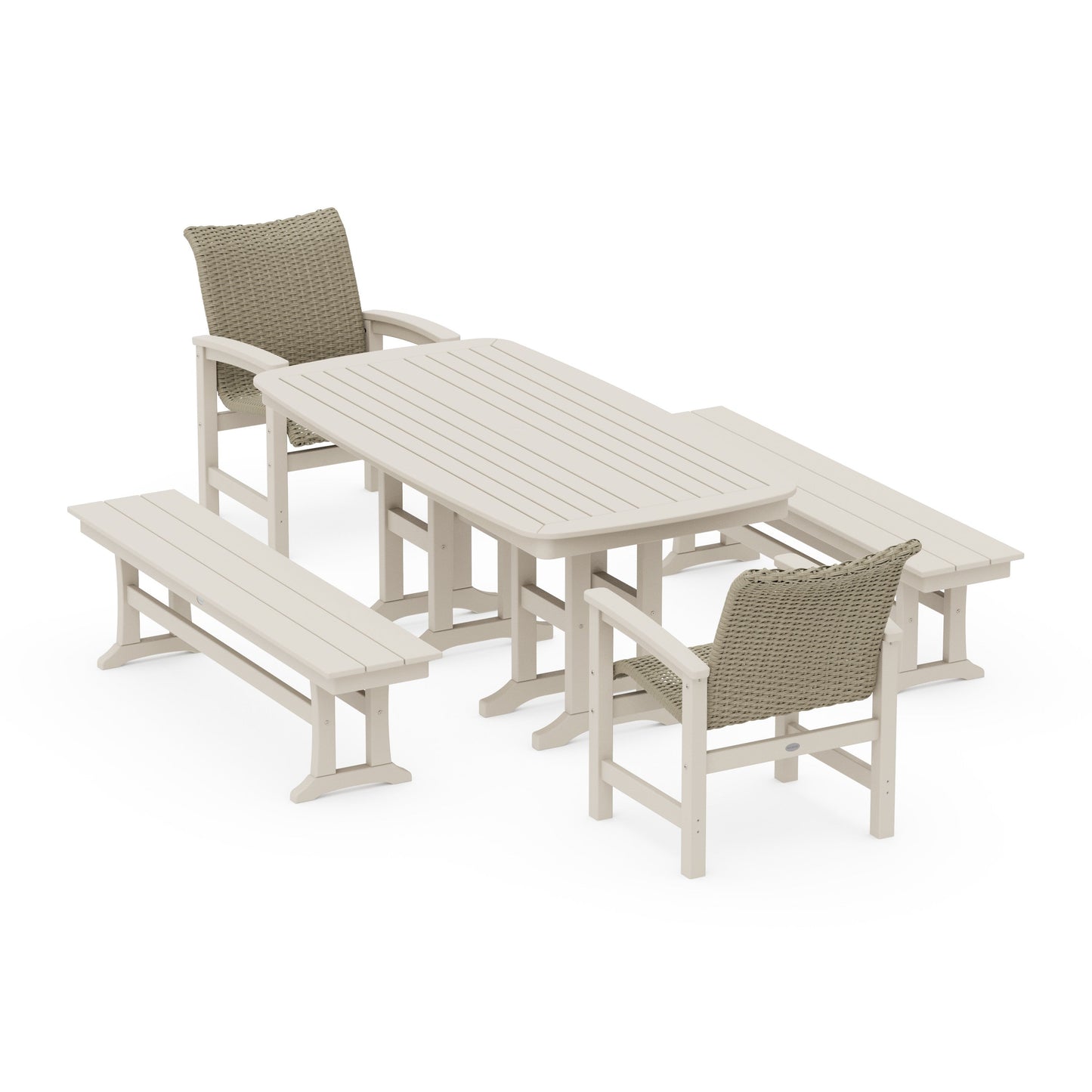 POLYWOOD Coastal Woven 5-Piece Dining Set with Benches — Sand / Dune Grass