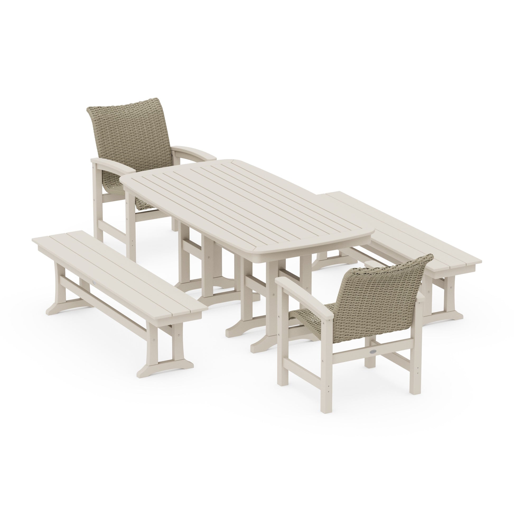 POLYWOOD Coastal Woven 5-Piece Dining Set with Benches — Sand / Dune Grass
