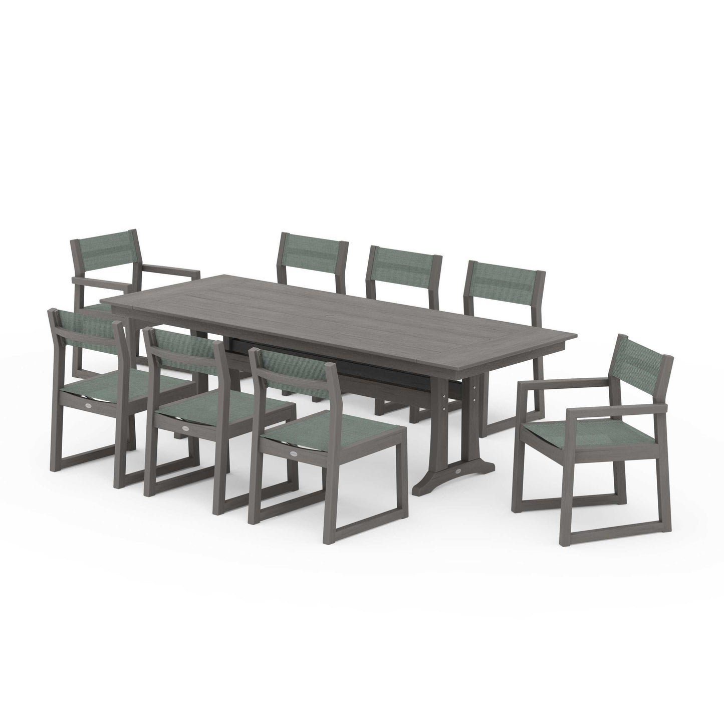 POLYWOOD EDGE Sling 9-Piece Farmhouse Trestle Dining Set — Driftwood / Dupioni Sea Mist Sling