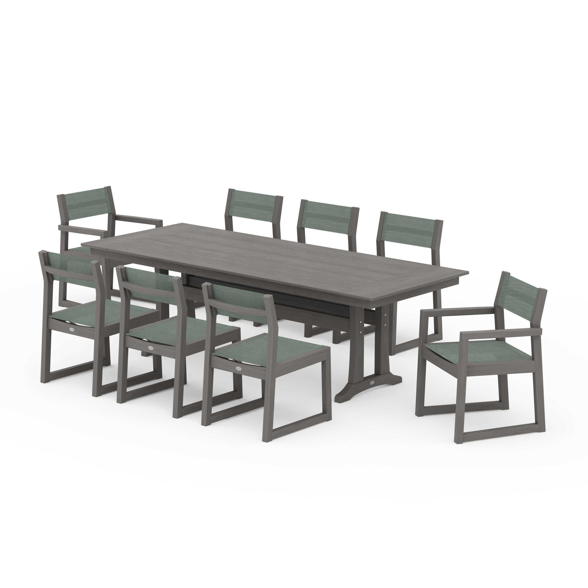POLYWOOD EDGE Sling 9-Piece Farmhouse Trestle Dining Set — Driftwood / Dupioni Sea Mist Sling
