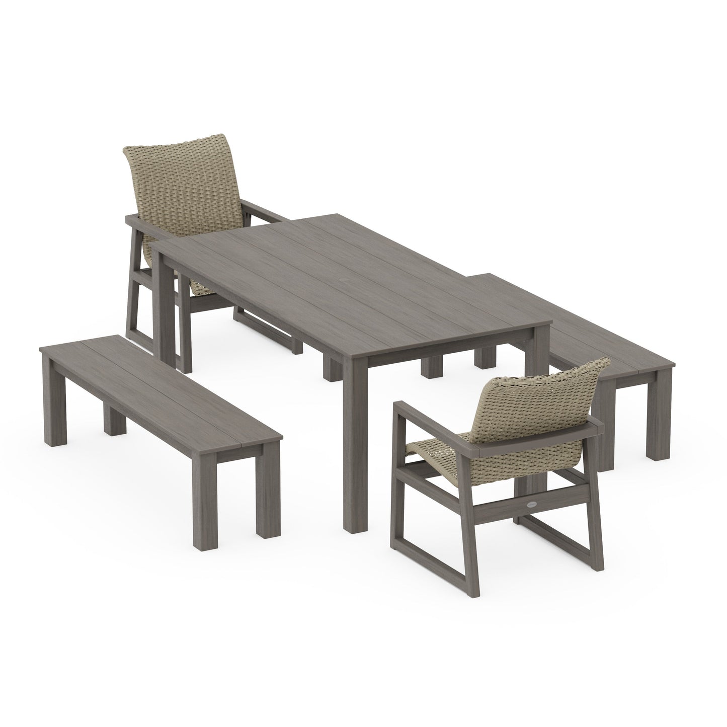 POLYWOOD EDGE Woven 5-Piece Parsons Dining Set with Benches — Driftwood / Dune Grass