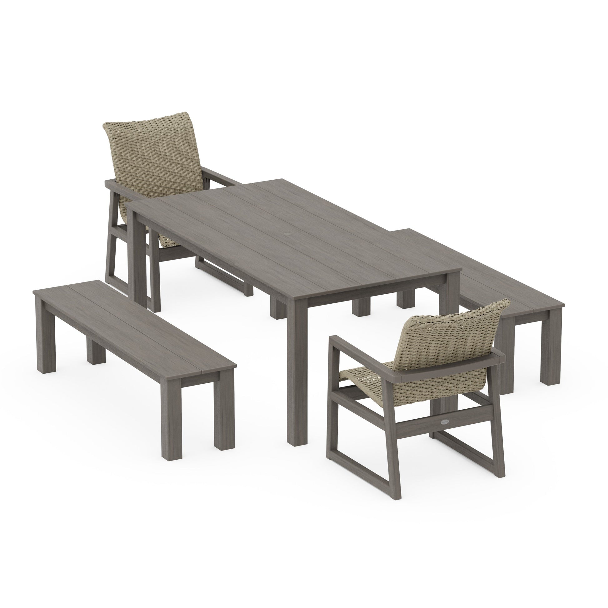 POLYWOOD EDGE Woven 5-Piece Parsons Dining Set with Benches — Driftwood / Dune Grass