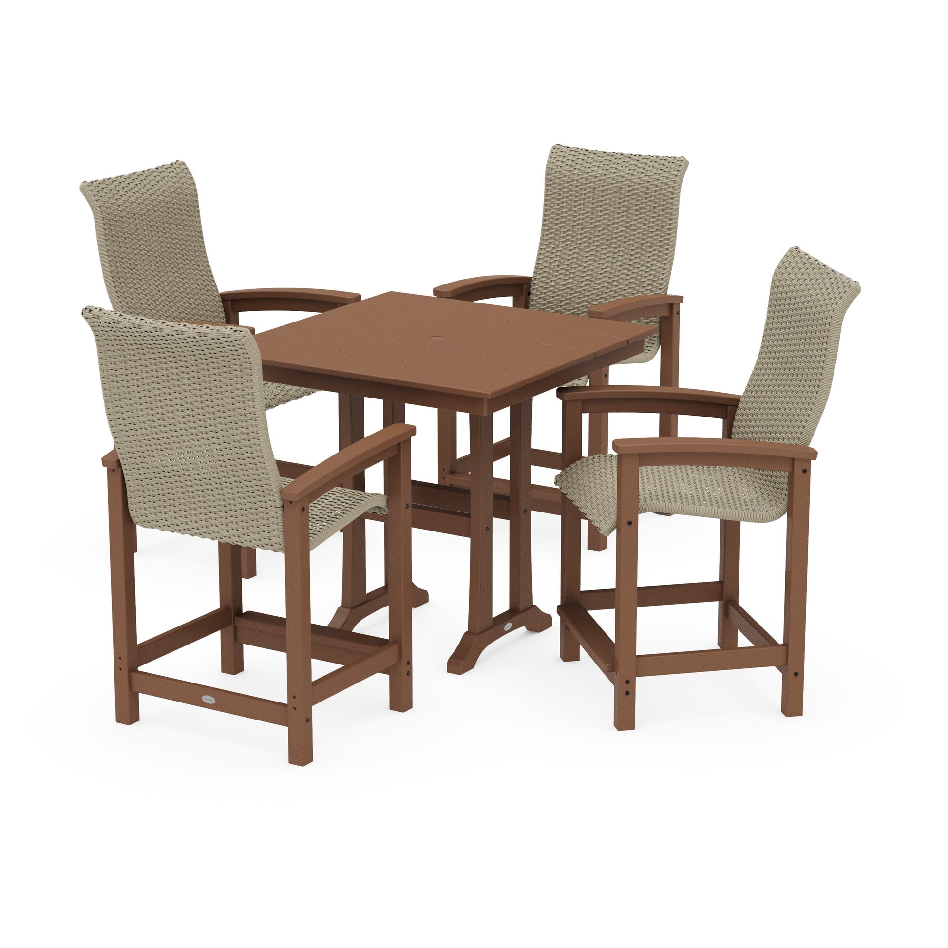 POLYWOOD Coastal Woven High-Back 5-Piece Farmhouse Counter Set with Trestle Legs — Teak / Dune Grass