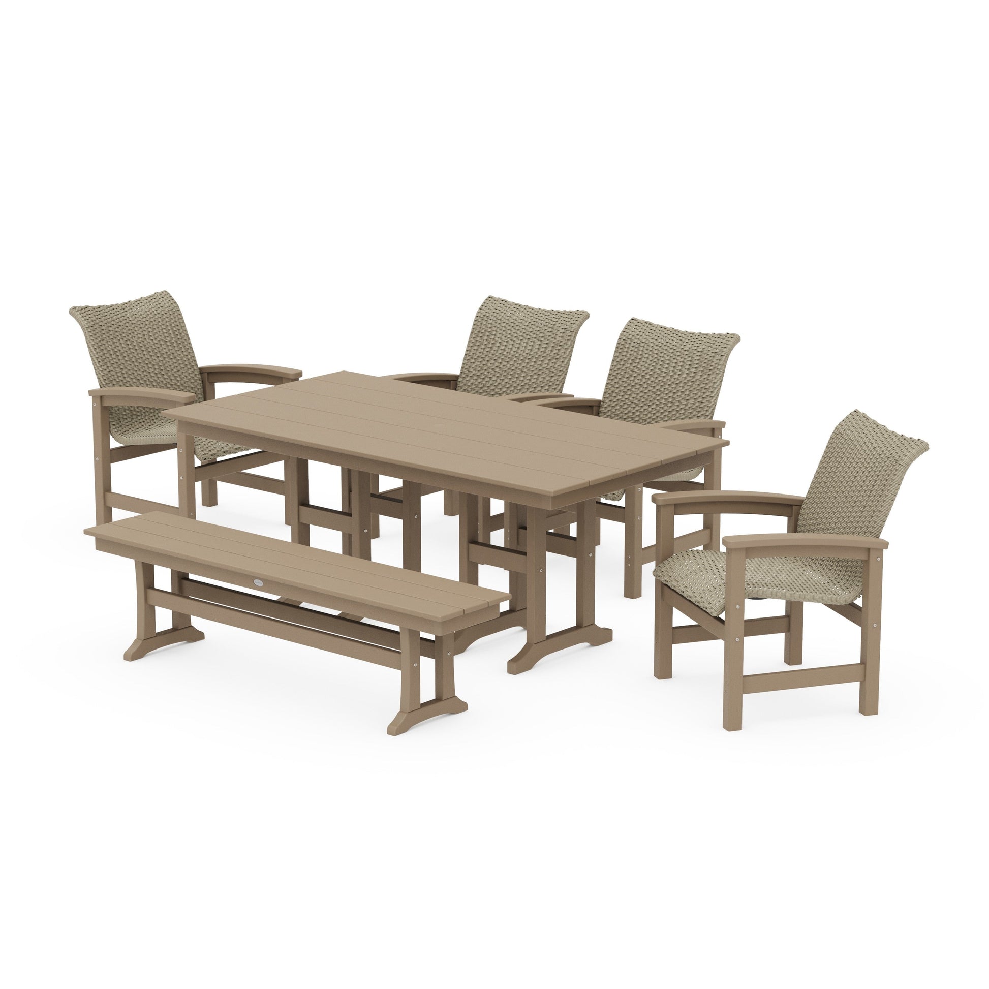POLYWOOD Coastal Woven 6-Piece Farmhouse Dining Set with Bench — Vintage Sahara / Dune Grass
