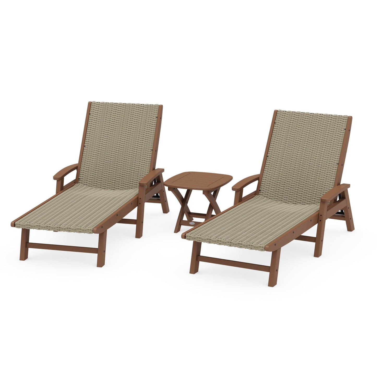 POLYWOOD 3 - Piece Coastal Woven Chaise with Arms Chaise Lounge Set — Teak / Dune Grass