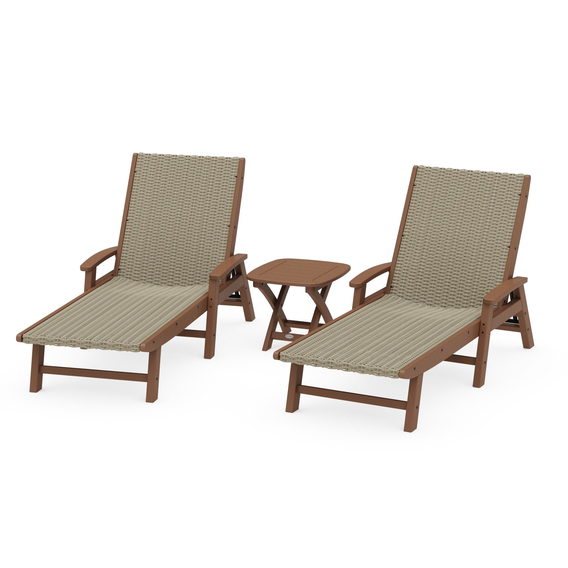 POLYWOOD 3 - Piece Coastal Woven Chaise with Arms Chaise Lounge Set — Teak / Dune Grass