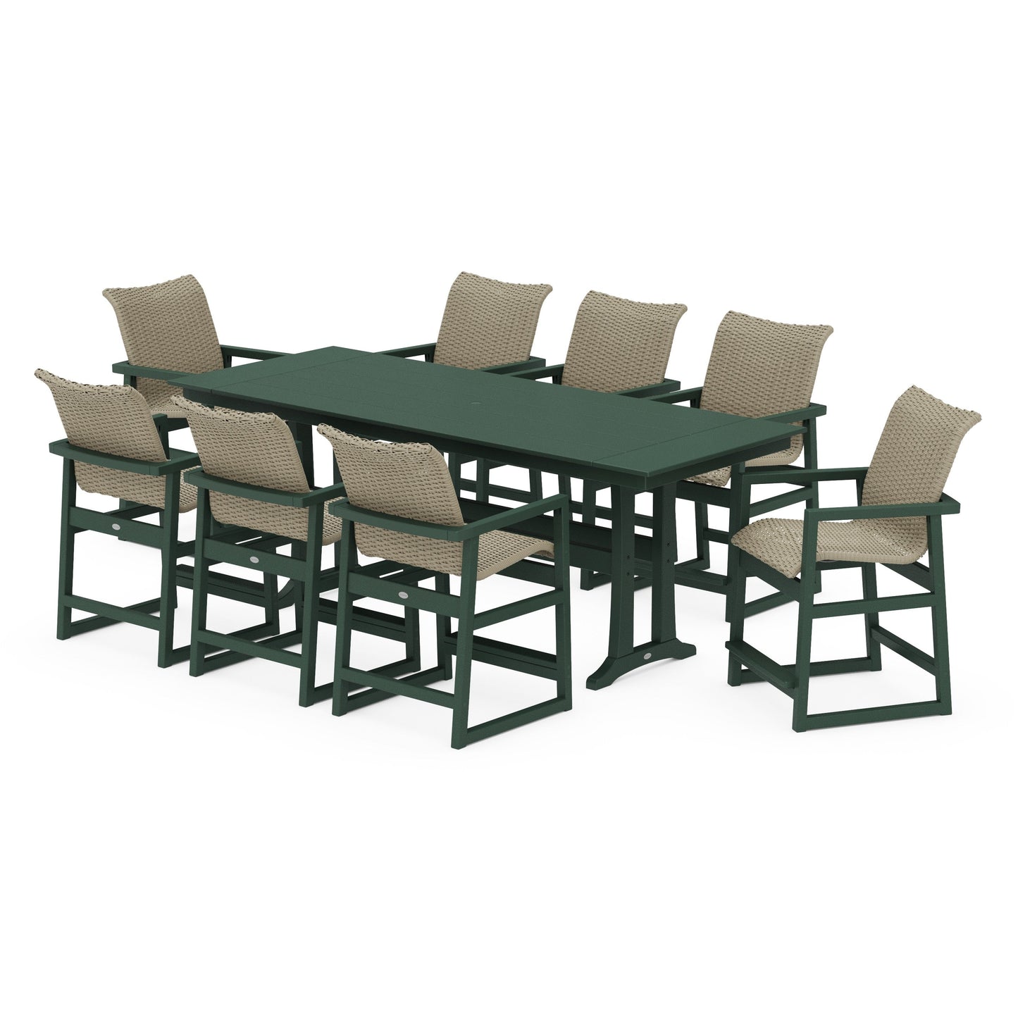 POLYWOOD EDGE Woven 9-Piece Farmhouse Counter Set with Trestle Legs — Green / Dune Grass