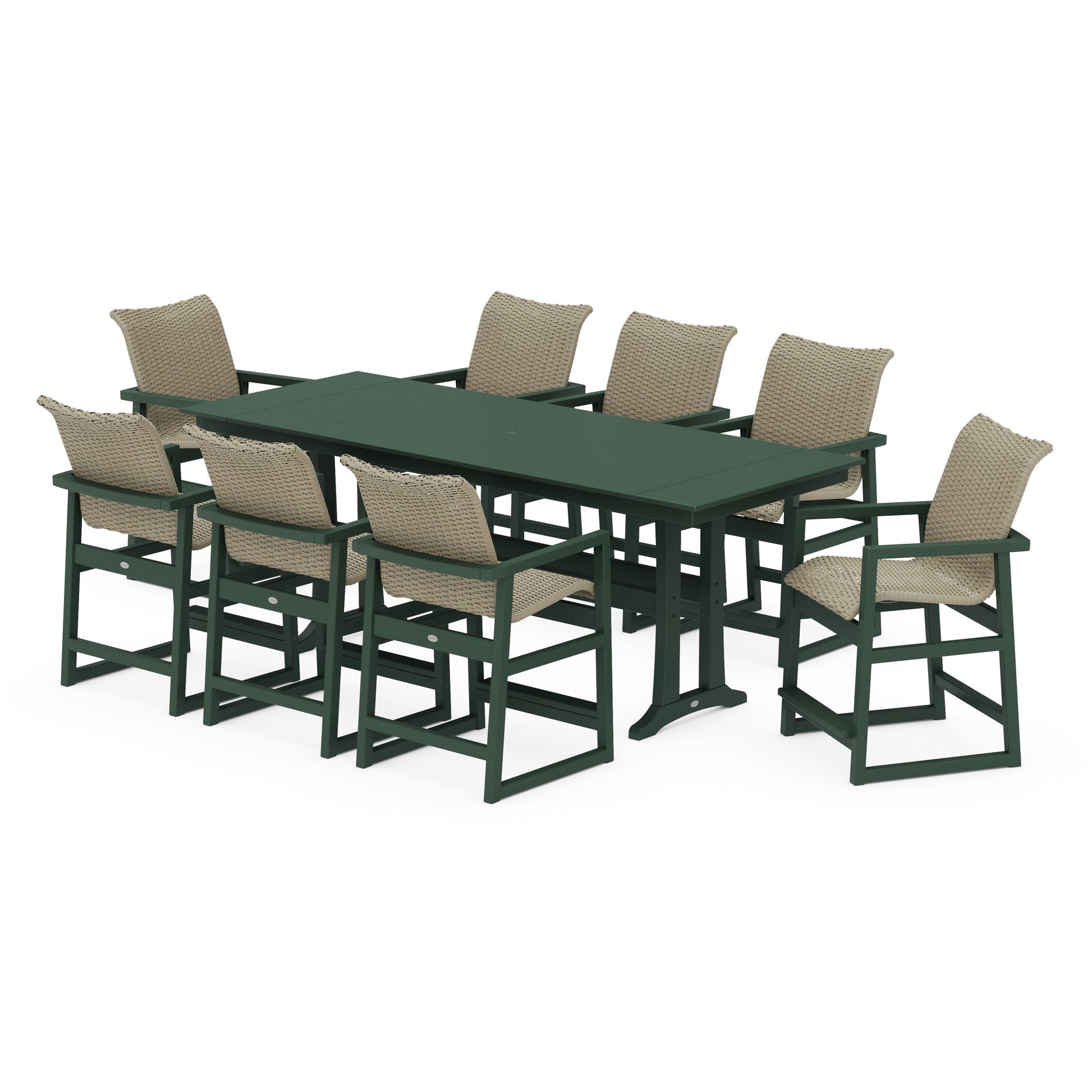 POLYWOOD EDGE Woven 9-Piece Farmhouse Counter Set with Trestle Legs — Green / Dune Grass