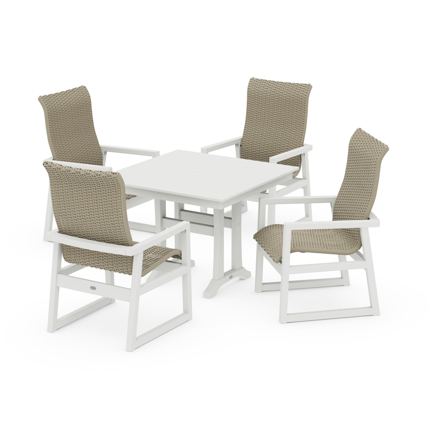 POLYWOOD EDGE Woven Highback 5-Piece Farmhouse Dining Set with Trestle Legs — Vintage White / Dune Grass