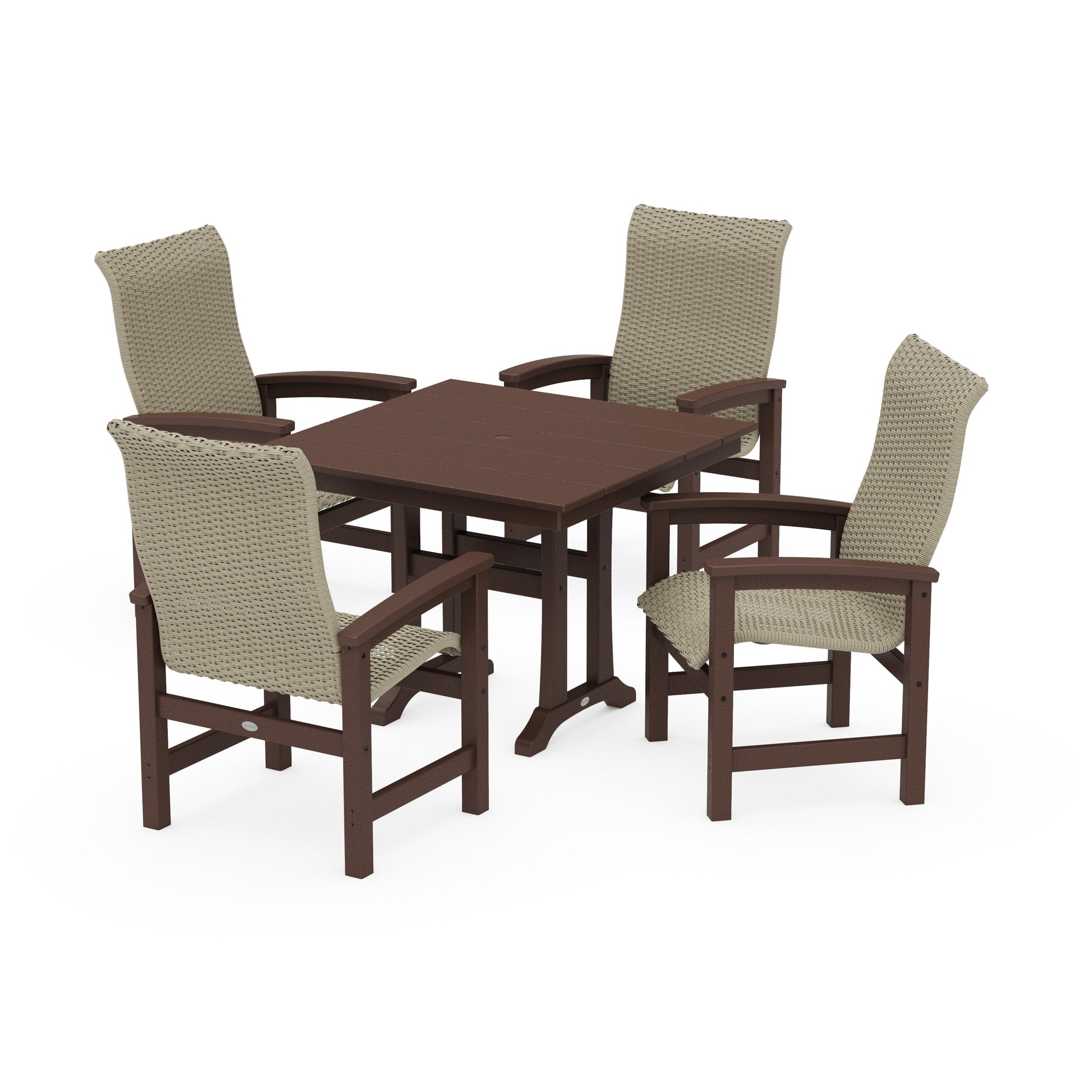 POLYWOOD Coastal Woven High-Back 5-Piece Farmhouse Dining Set with Trestle Legs — Mahogany / Dune Grass