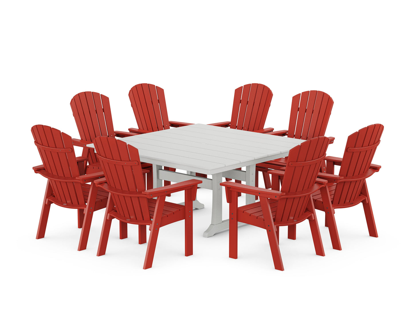 POLYWOOD Nautical Curveback Adirondack 9-Piece Square Dining Set with Trestle Legs — Sunset Red / White