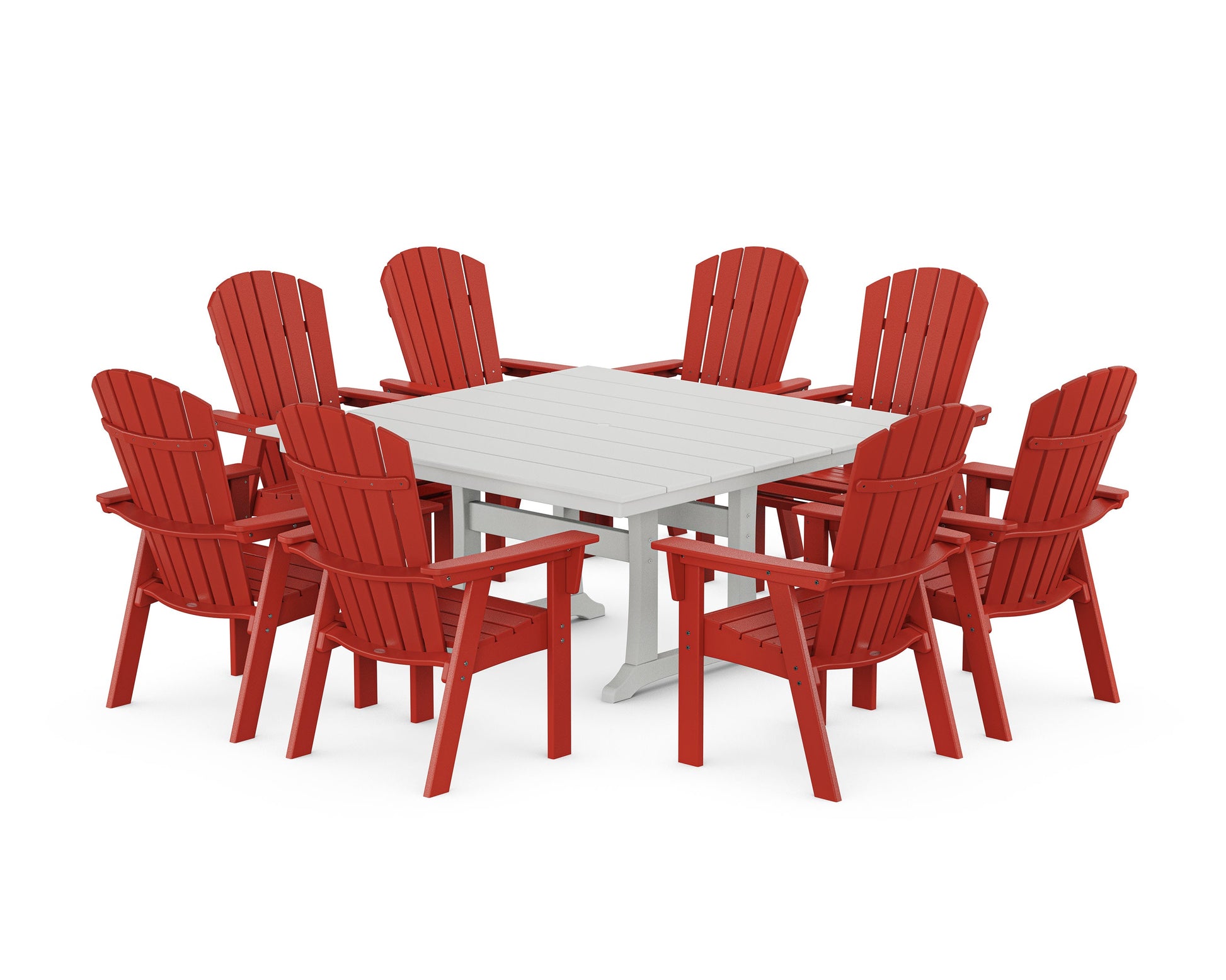 POLYWOOD Nautical Curveback Adirondack 9-Piece Square Dining Set with Trestle Legs — Sunset Red / White
