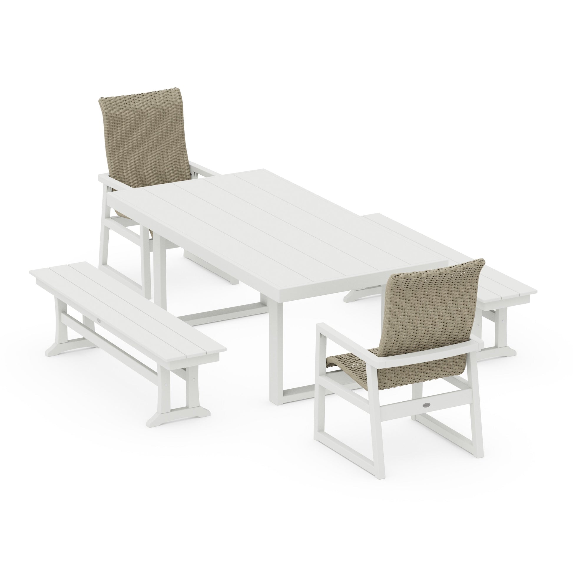POLYWOOD EDGE Woven Highback 5-Piece Dining Set with Benches — White / Dune Grass