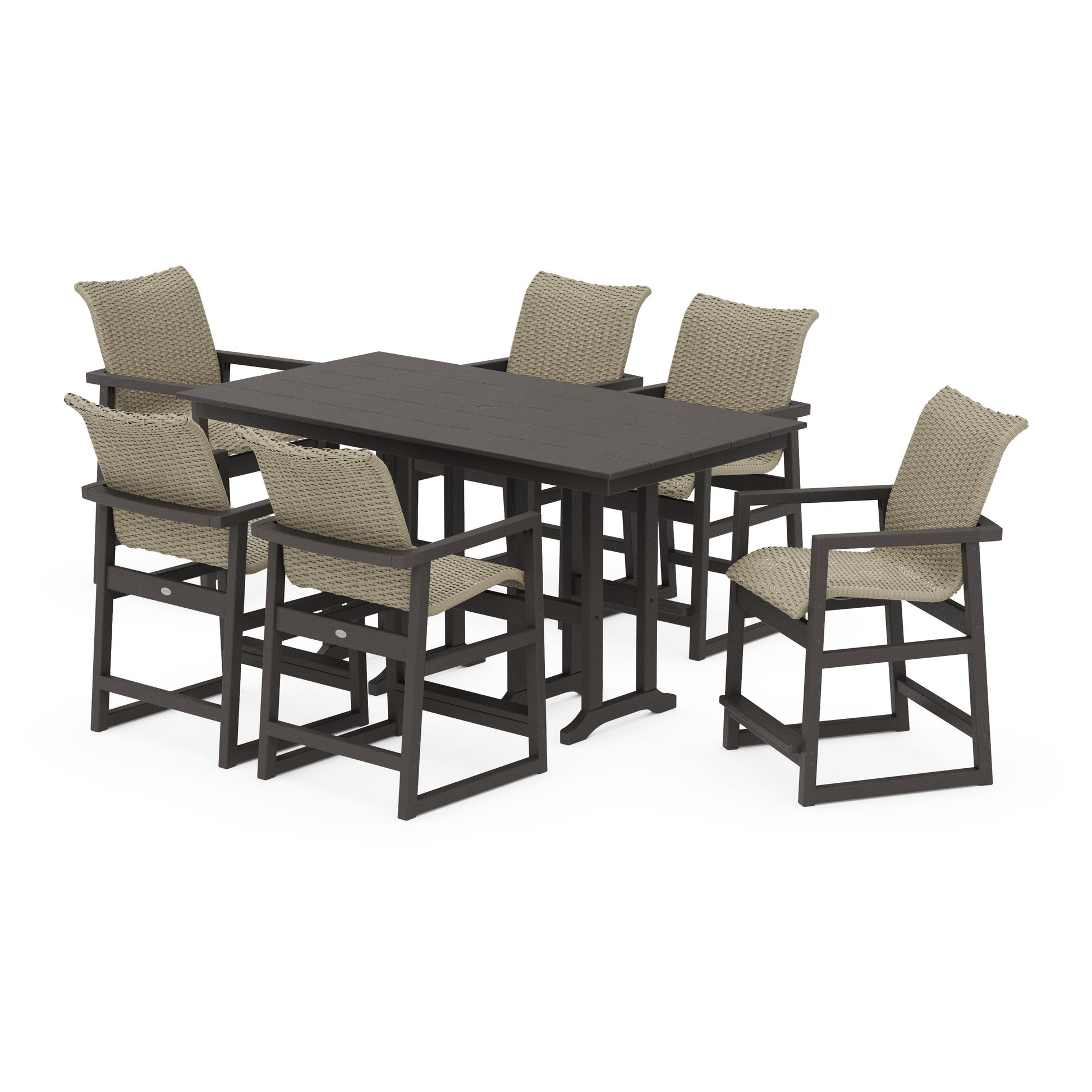 POLYWOOD EDGE Woven Arm Chair 7-Piece Farmhouse Counter Set — Vintage Coffee / Dune Grass