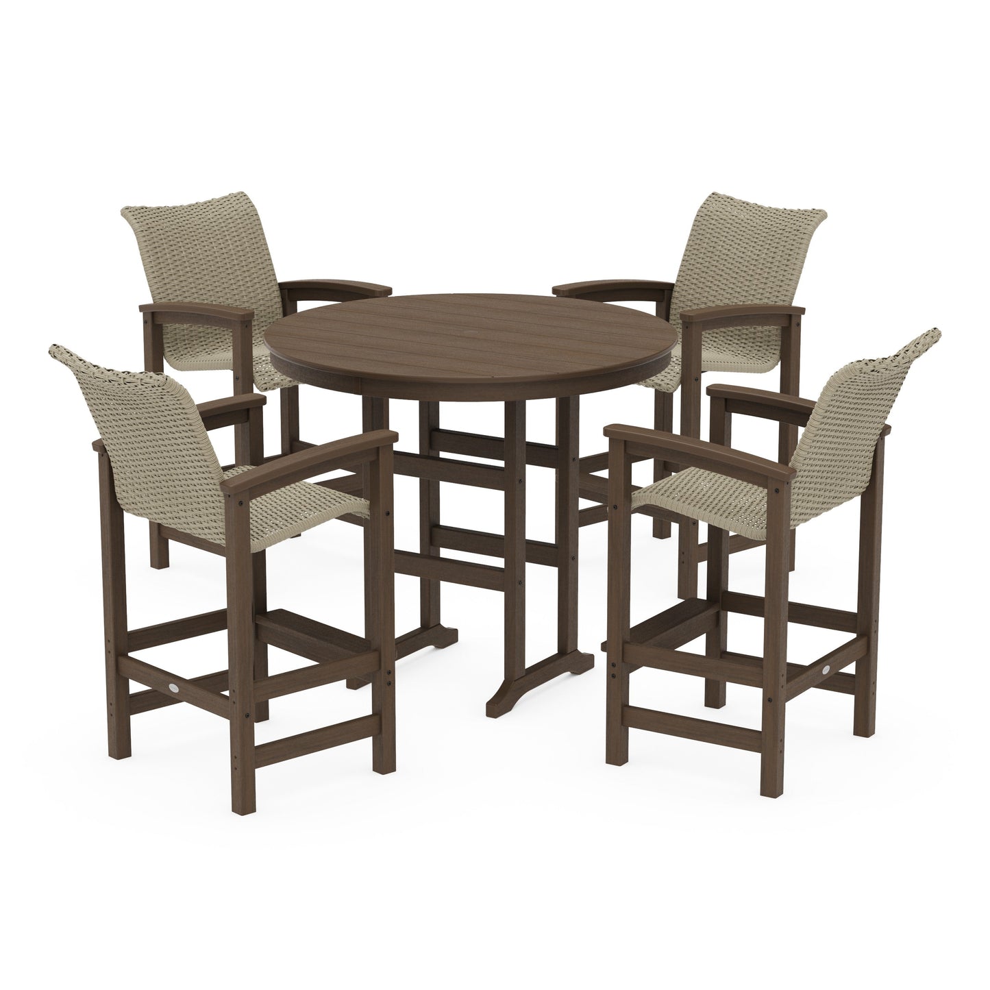 POLYWOOD Coastal Woven 5-Piece Round Farmhouse Bar Set — Kona / Dune Grass