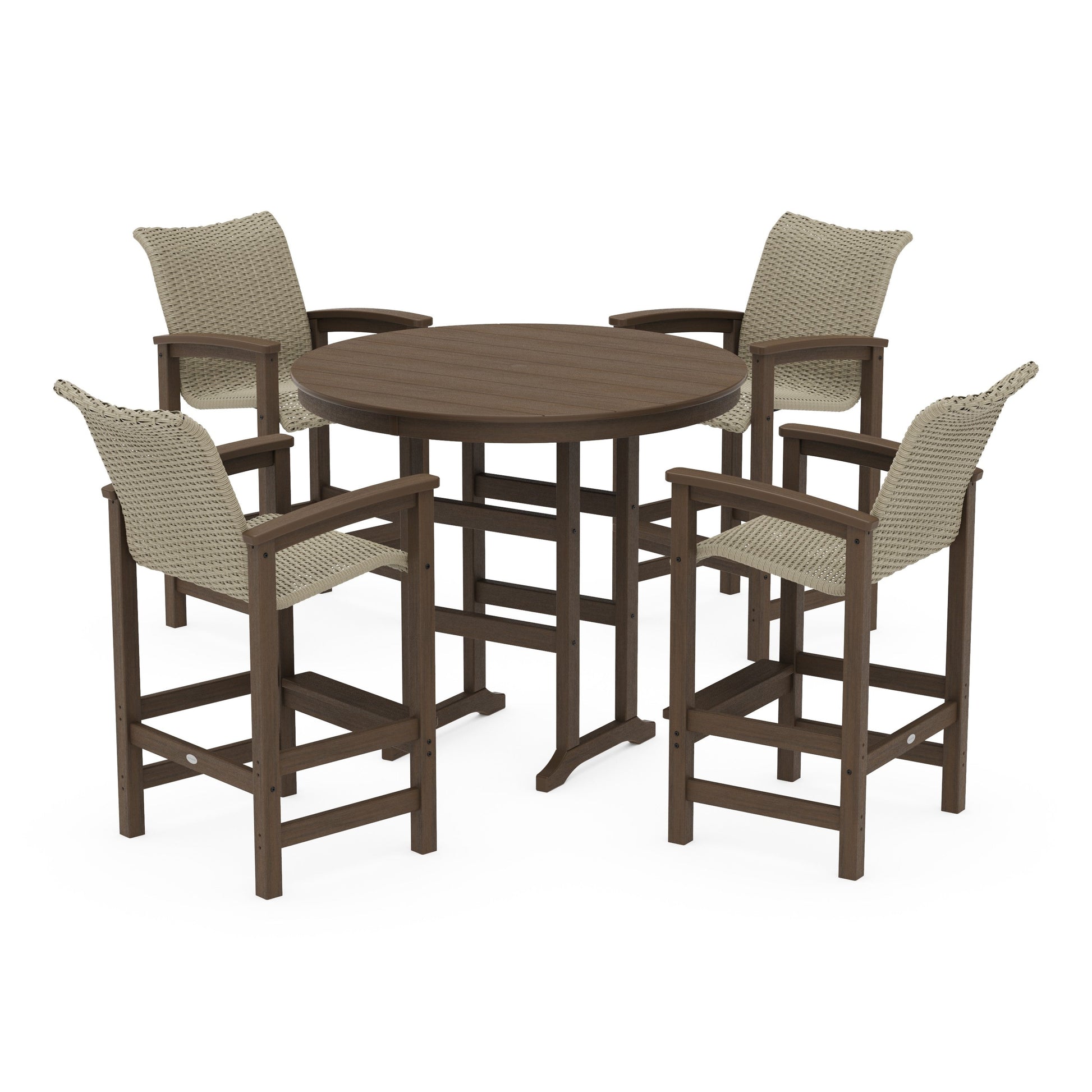 POLYWOOD Coastal Woven 5-Piece Round Farmhouse Bar Set — Kona / Dune Grass