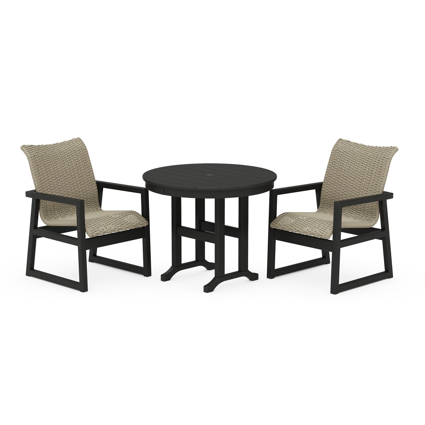 POLYWOOD EDGE Woven 3-Piece Farmhouse Dining Set — Black / Dune Grass
