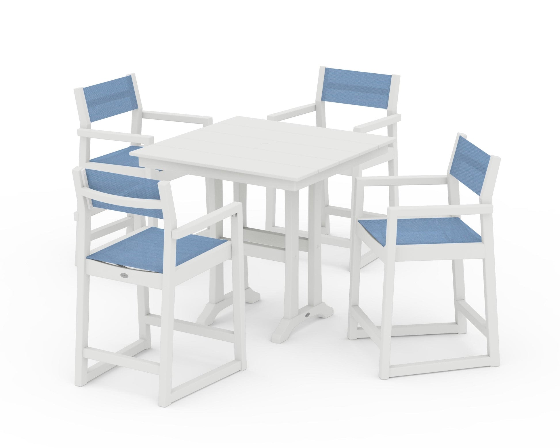 POLYWOOD EDGE Sling Arm Chair 5-Piece Farmhouse Counter Set with Trestle Legs — Vintage White / Poolside Sling