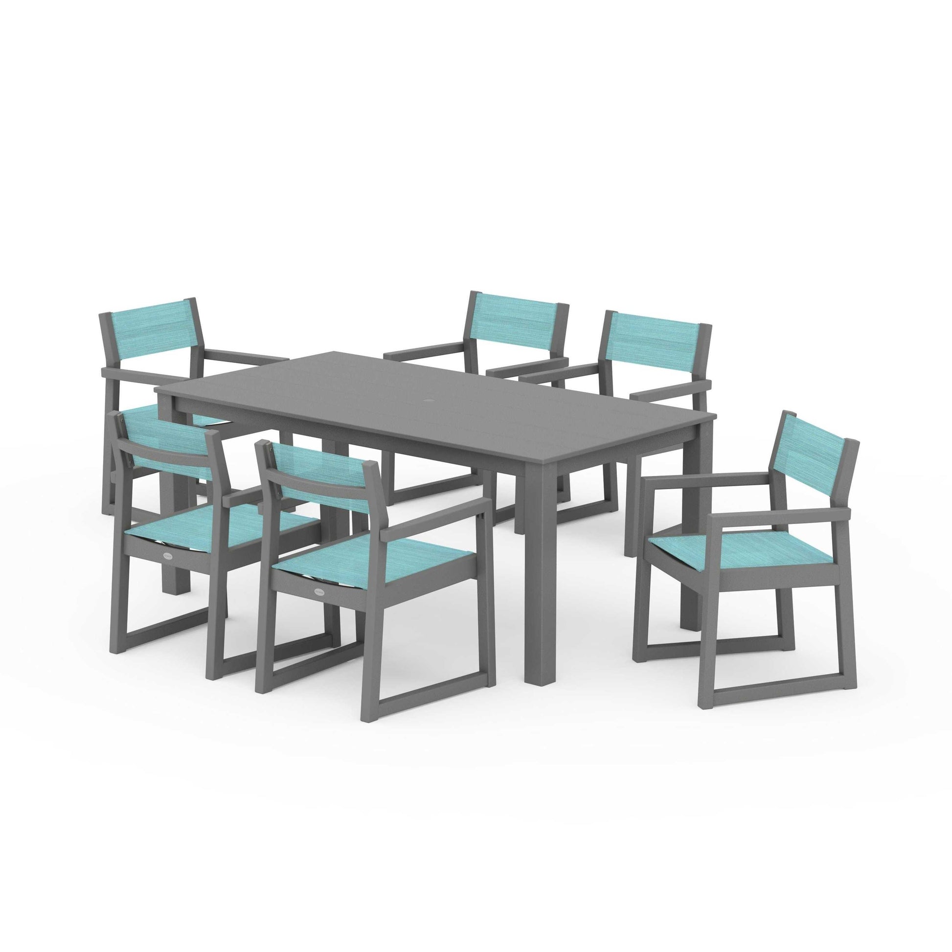 POLYWOOD EDGE Sling Arm Chair 7-Piece Parsons Dining Set — Slate Grey / Dupioni Aquamarine Sling