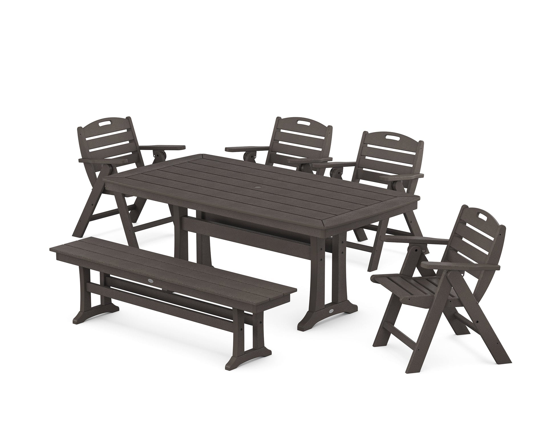 POLYWOOD Nautical Lowback 6-Piece Dining Set with Trestle Legs and Bench — Vintage Coffee