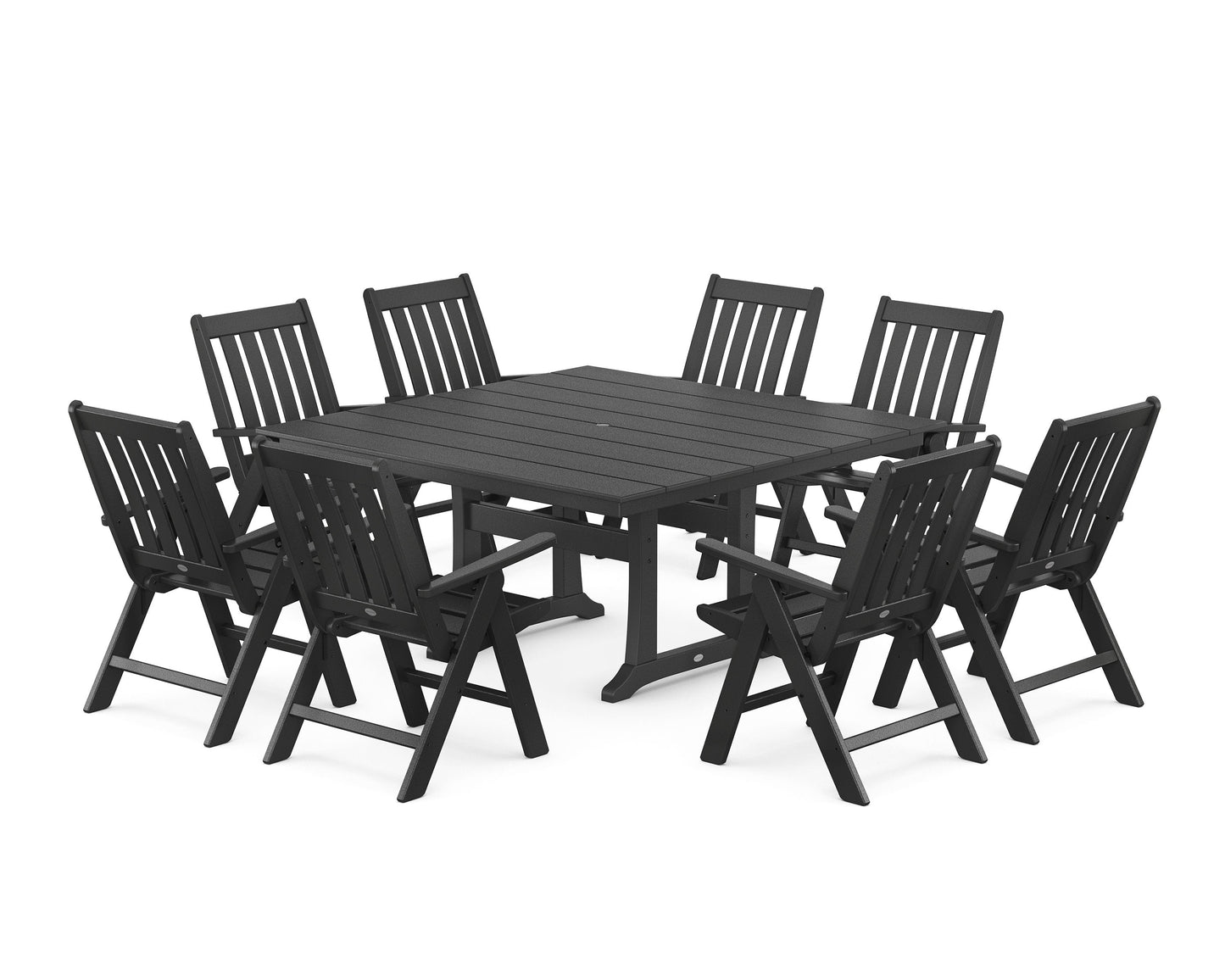 POLYWOOD Vineyard Folding Chair 9-Piece Square Farmhouse Dining Set with Trestle Legs — Black