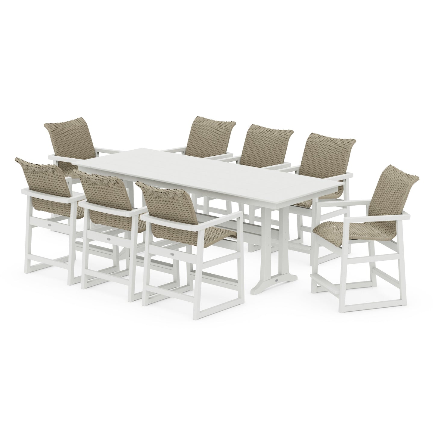 POLYWOOD EDGE Woven 9-Piece Farmhouse Counter Set with Trestle Legs — Vintage White / Dune Grass