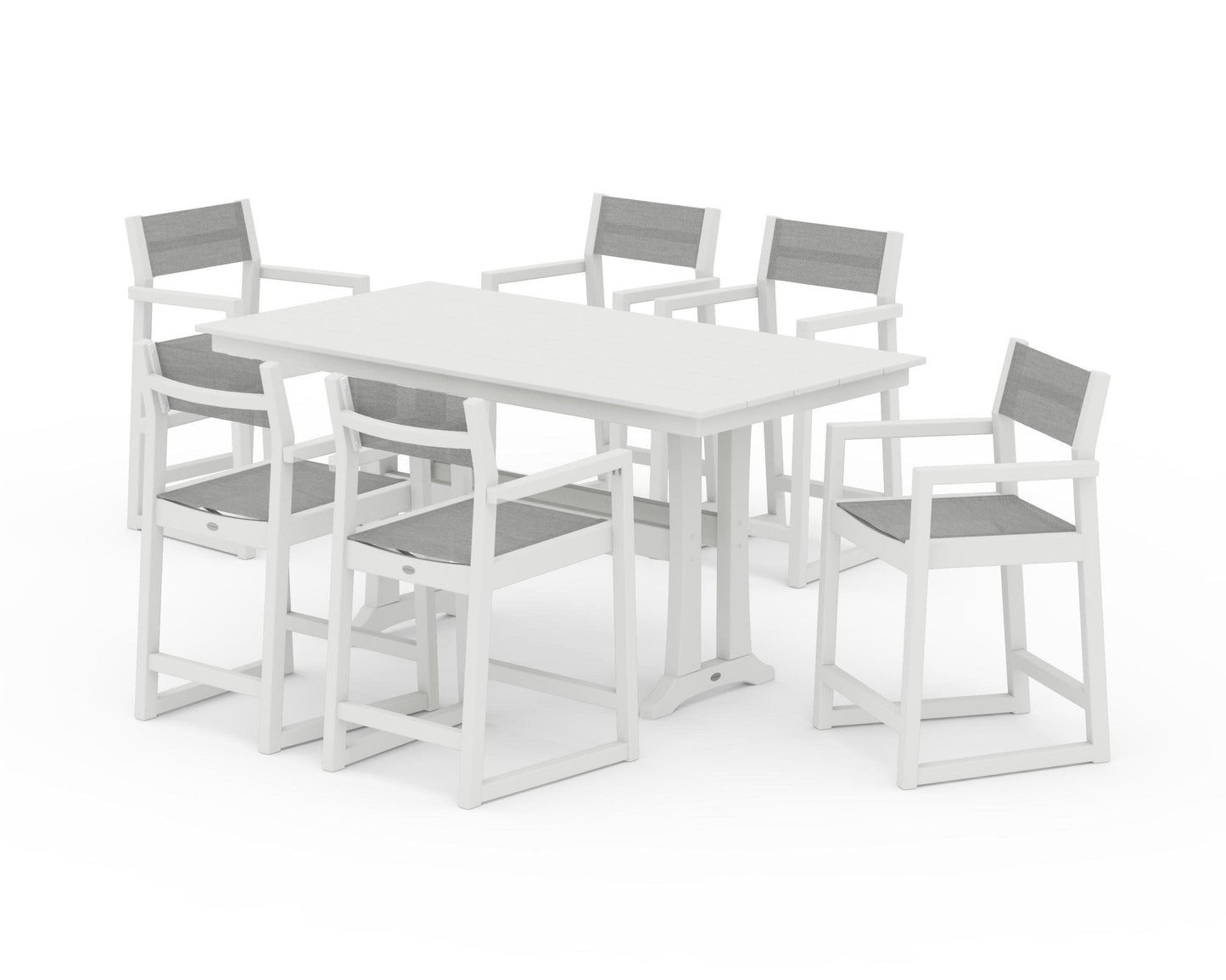 POLYWOOD EDGE Sling Arm Chair 7-Piece Farmhouse Counter Set with Trestle Legs — Vintage White / Metallic Sling