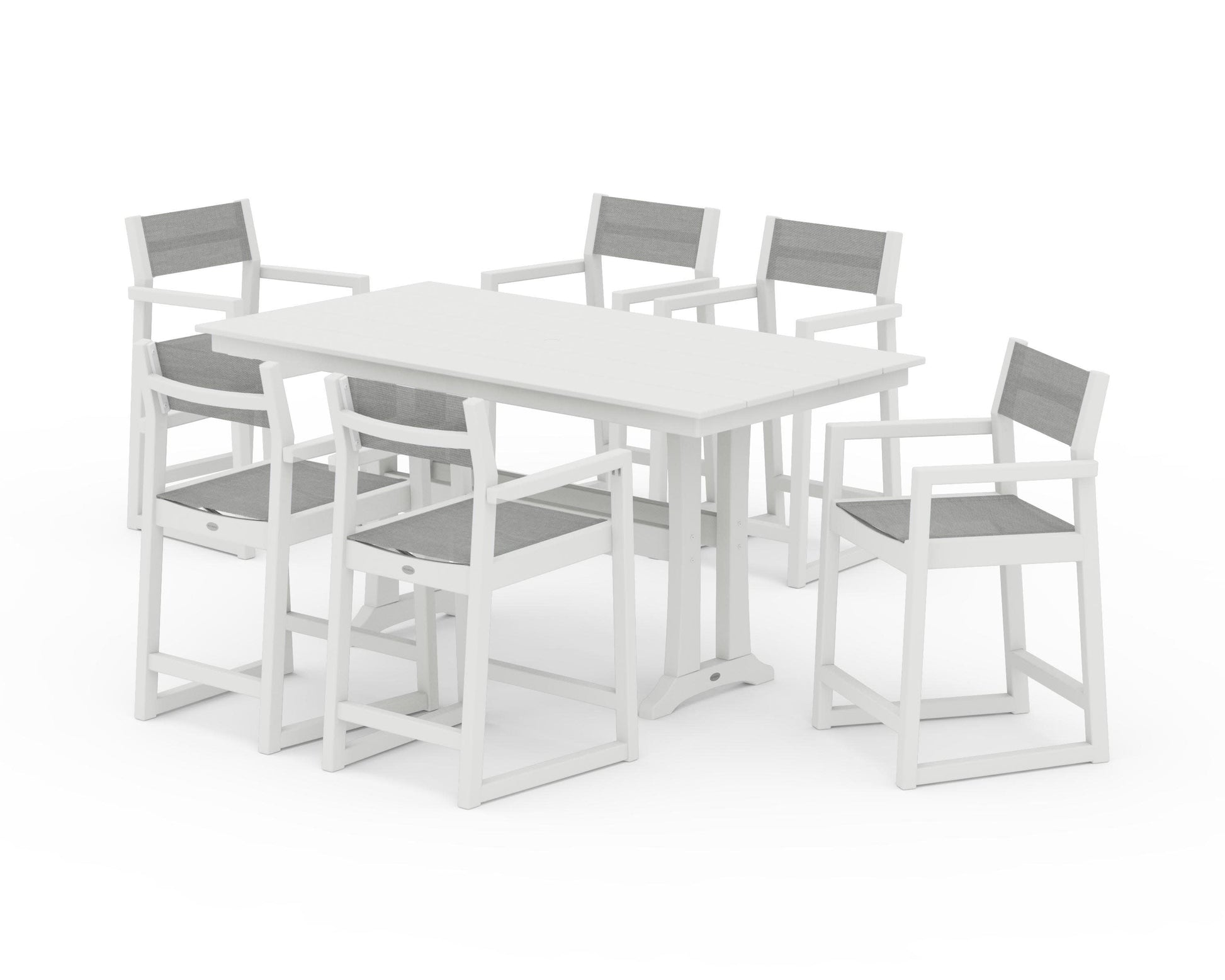 POLYWOOD EDGE Sling Arm Chair 7-Piece Farmhouse Counter Set with Trestle Legs — Vintage White / Metallic Sling