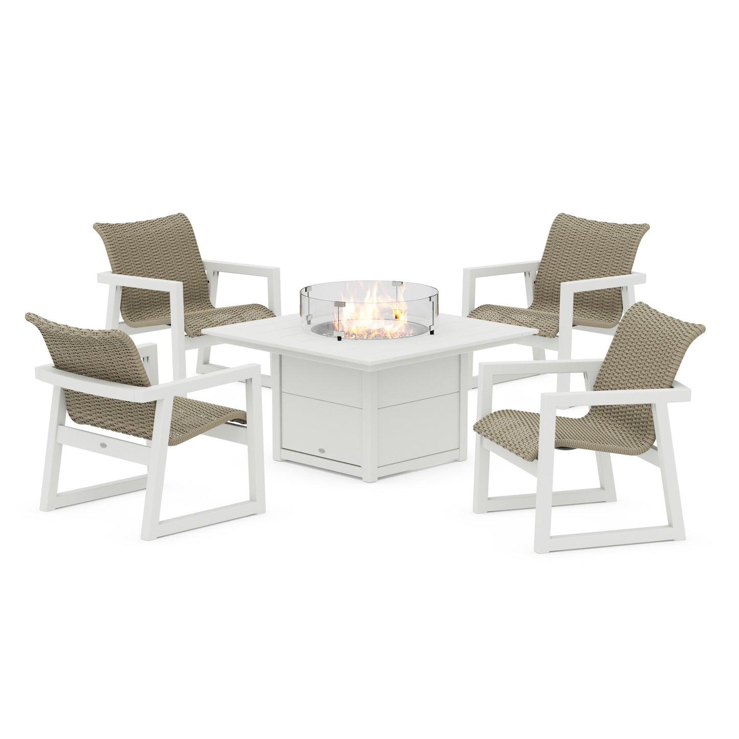 POLYWOOD EDGE Woven 5-Piece Lounge Chair Seating Set with Fire Pit Table — Vintage White / Dune Grass