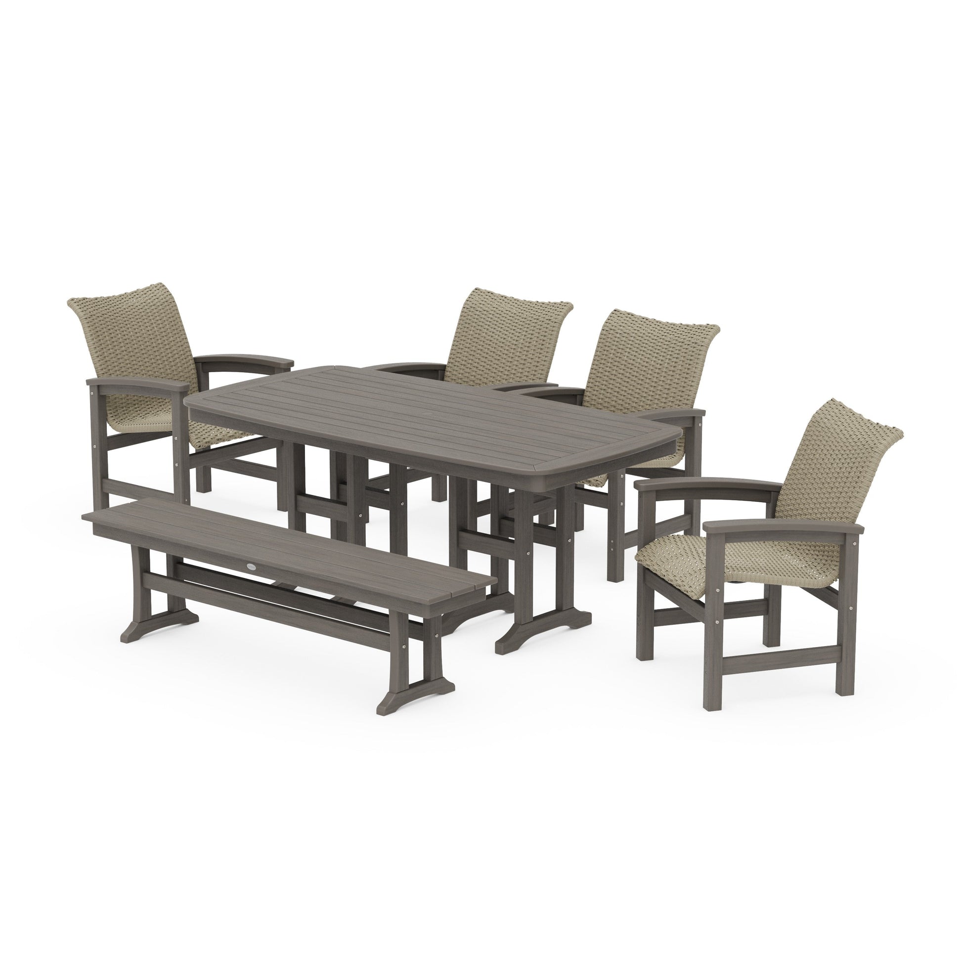 POLYWOOD Coastal Woven 6-Piece Farmhouse Dining Set with Bench — Driftwood / Dune Grass