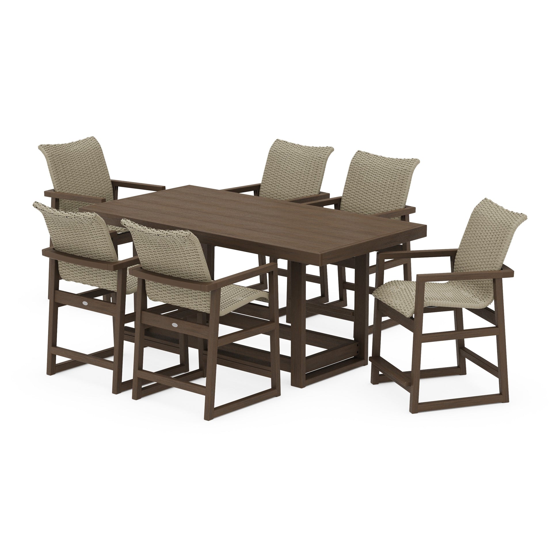 POLYWOOD EDGE Woven Arm Chair 7-Piece Counter Set — Kona / Dune Grass