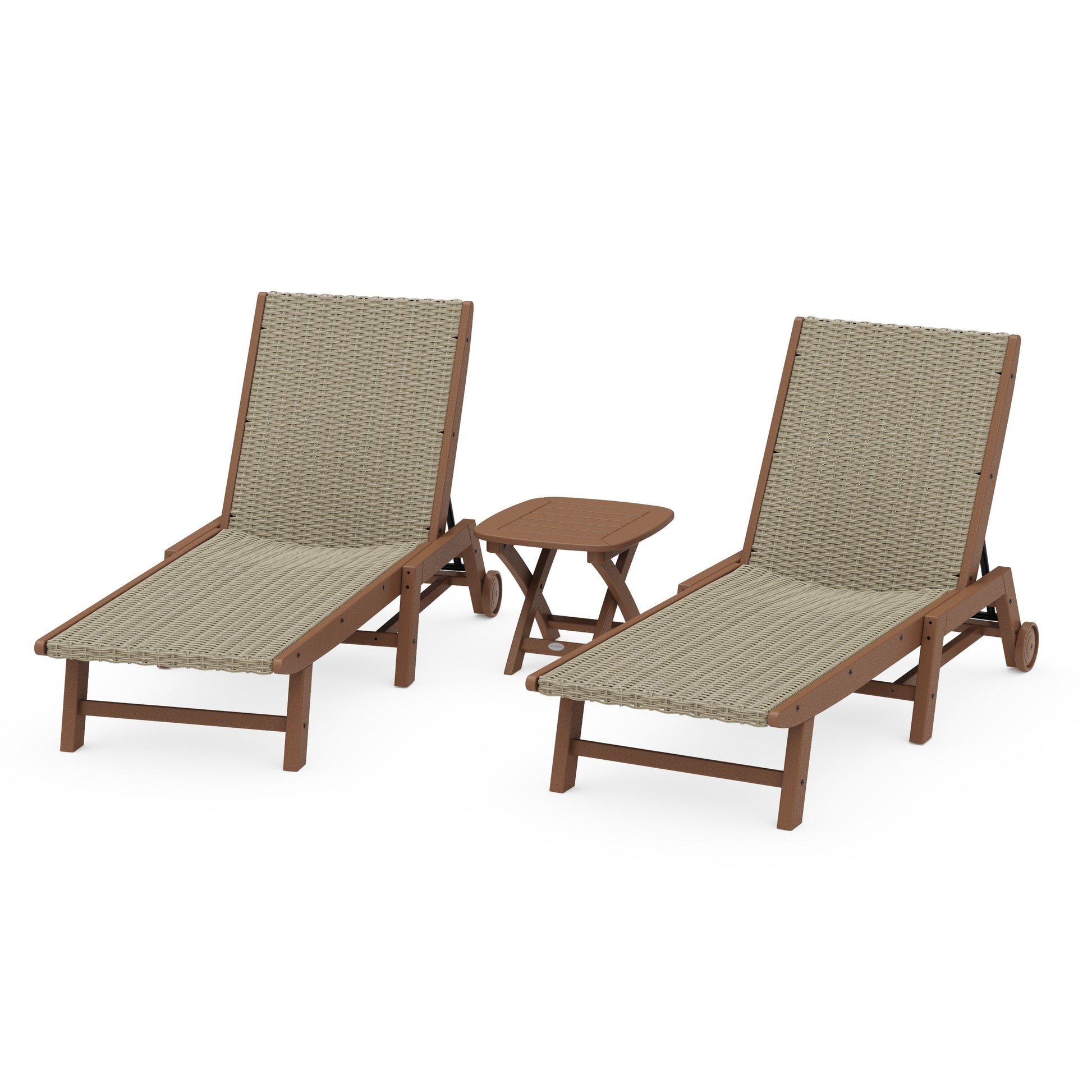 POLYWOOD 3 - Piece Coastal Woven Chaise with Wheels Chaise Lounge Set — Teak / Dune Grass