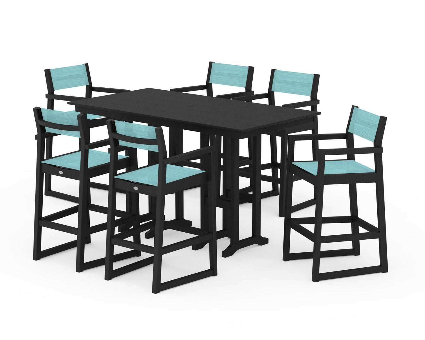 POLYWOOD EDGE Sling Arm Chair 7-Piece Farmhouse Bar Set — Black / Dupioni Aquamarine Sling