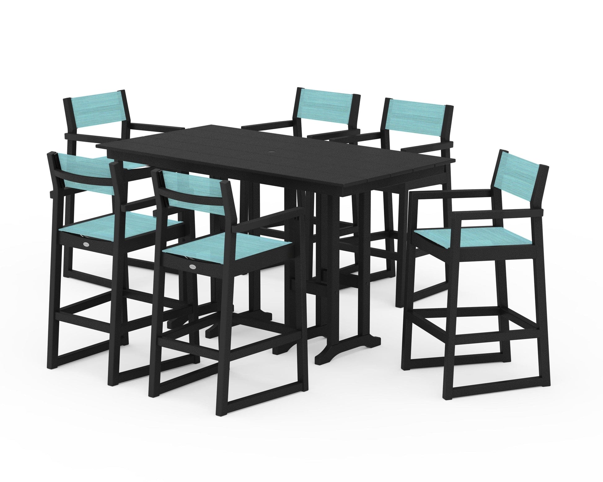 POLYWOOD EDGE Sling Arm Chair 7-Piece Farmhouse Bar Set — Black / Dupioni Aquamarine Sling