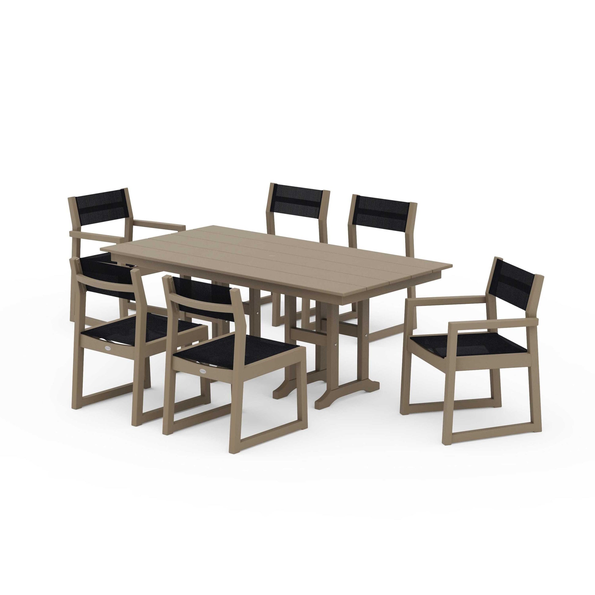 POLYWOOD EDGE Sling 7-Piece Farmhouse Dining Set — Vintage Sahara / Black Sling