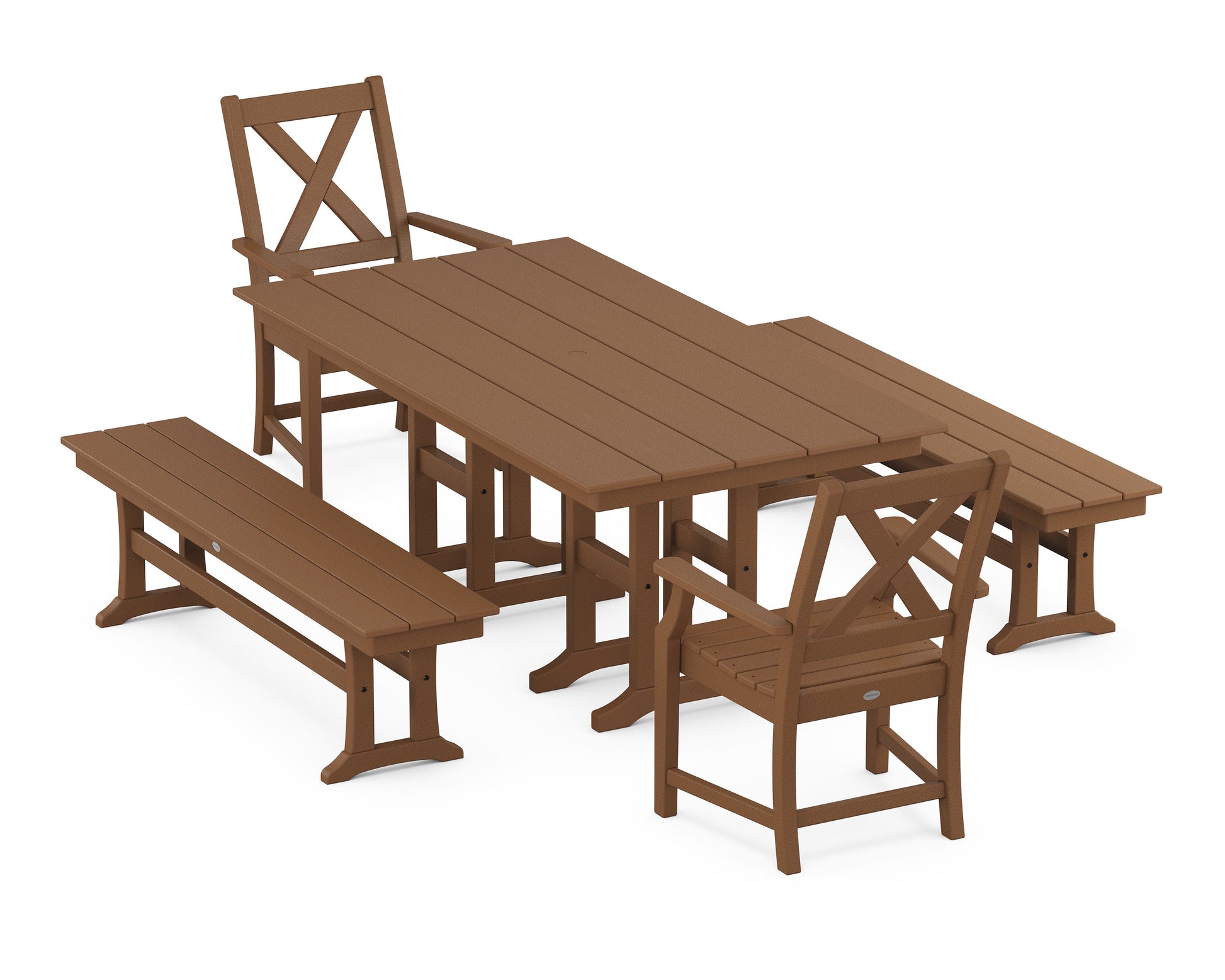 POLYWOOD Braxton 5-Piece Farmhouse Dining Set with Benches — Teak