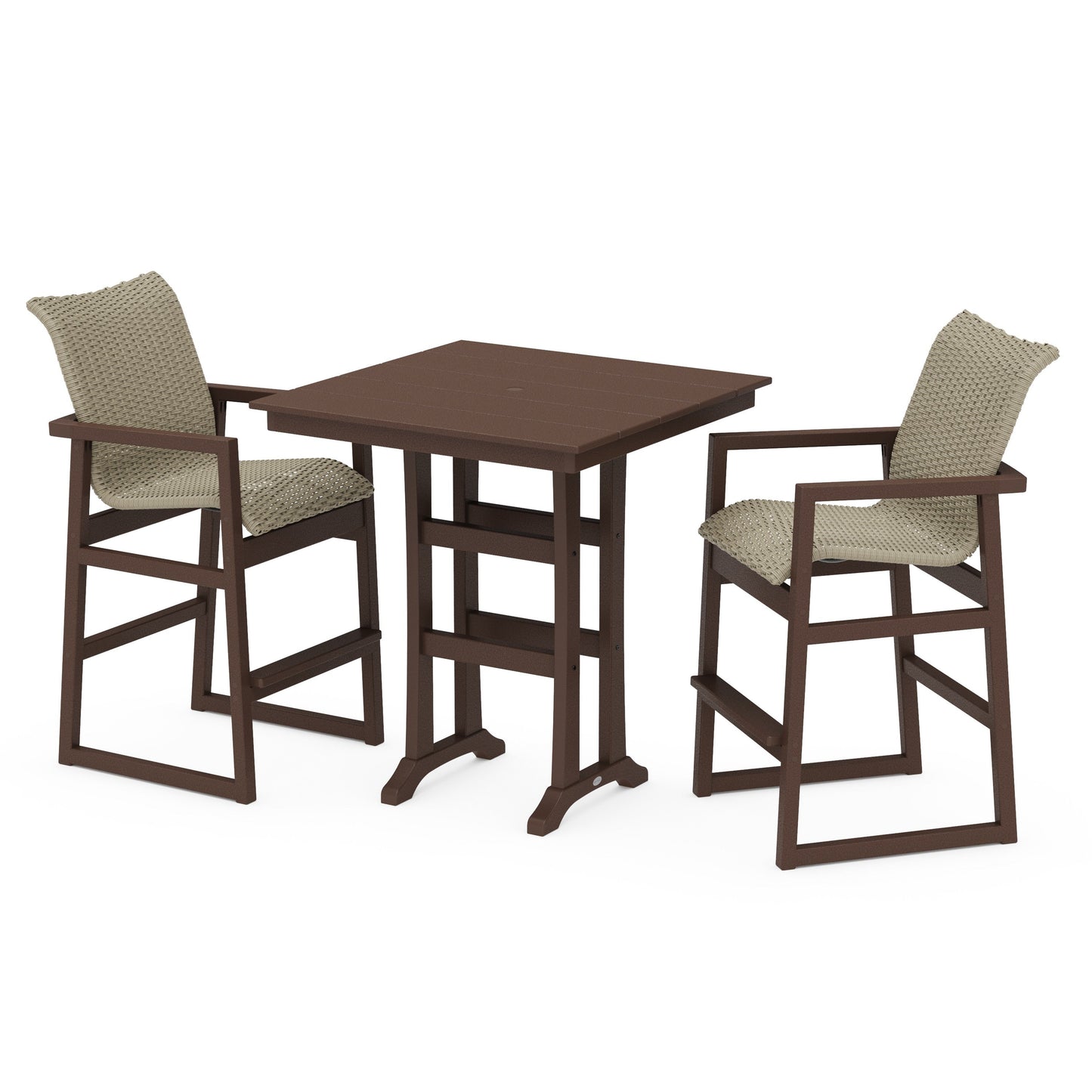 POLYWOOD EDGE Woven 3-Piece Farmhouse Bar Set with Trestle Legs — Mahogany / Dune Grass