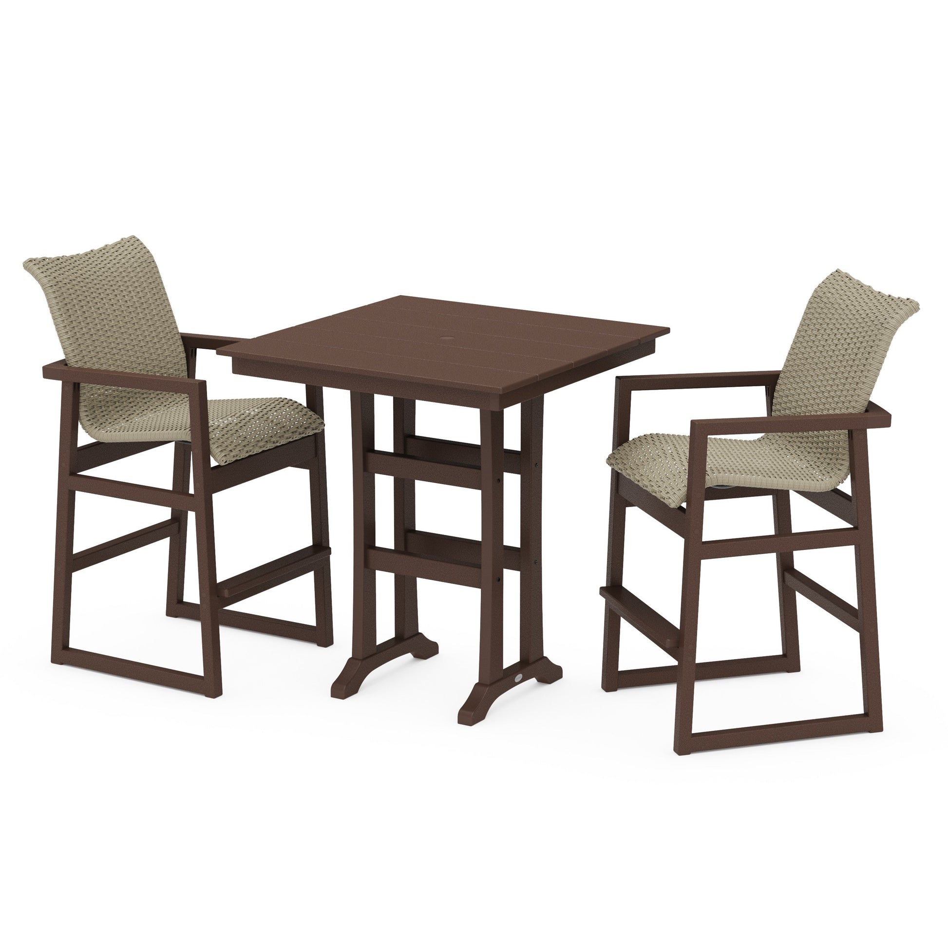 POLYWOOD EDGE Woven 3-Piece Farmhouse Bar Set with Trestle Legs — Mahogany / Dune Grass