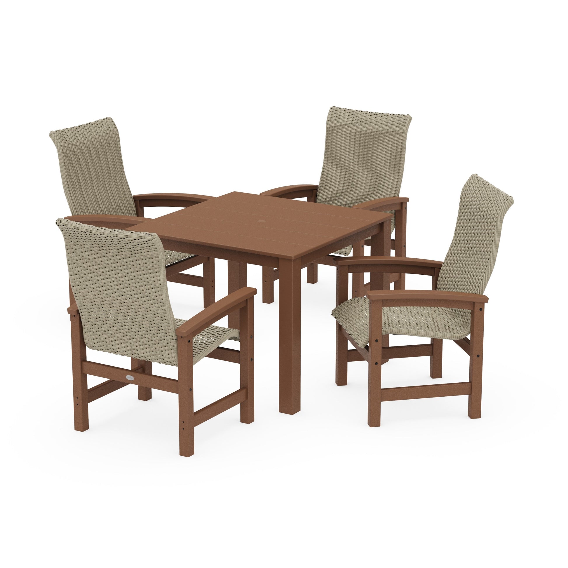 POLYWOOD Coastal Woven High-Back 5-Piece Parsons Dining Set — Teak / Dune Grass