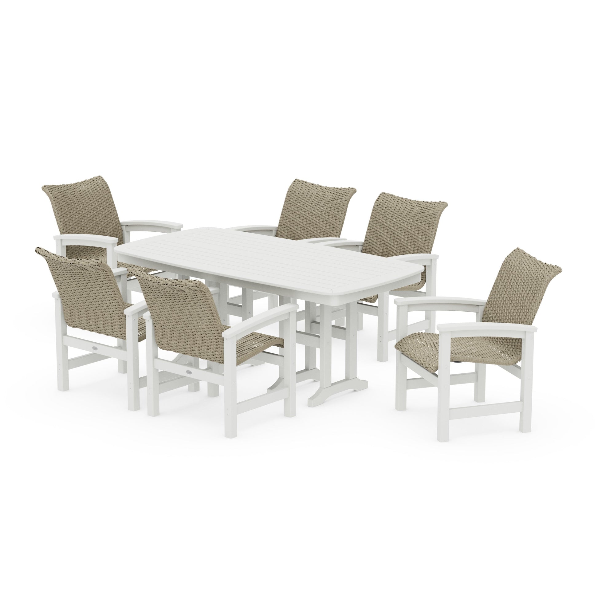 POLYWOOD Coastal Woven Arm Chair 7-Piece Dining Set — Vintage White / Dune Grass