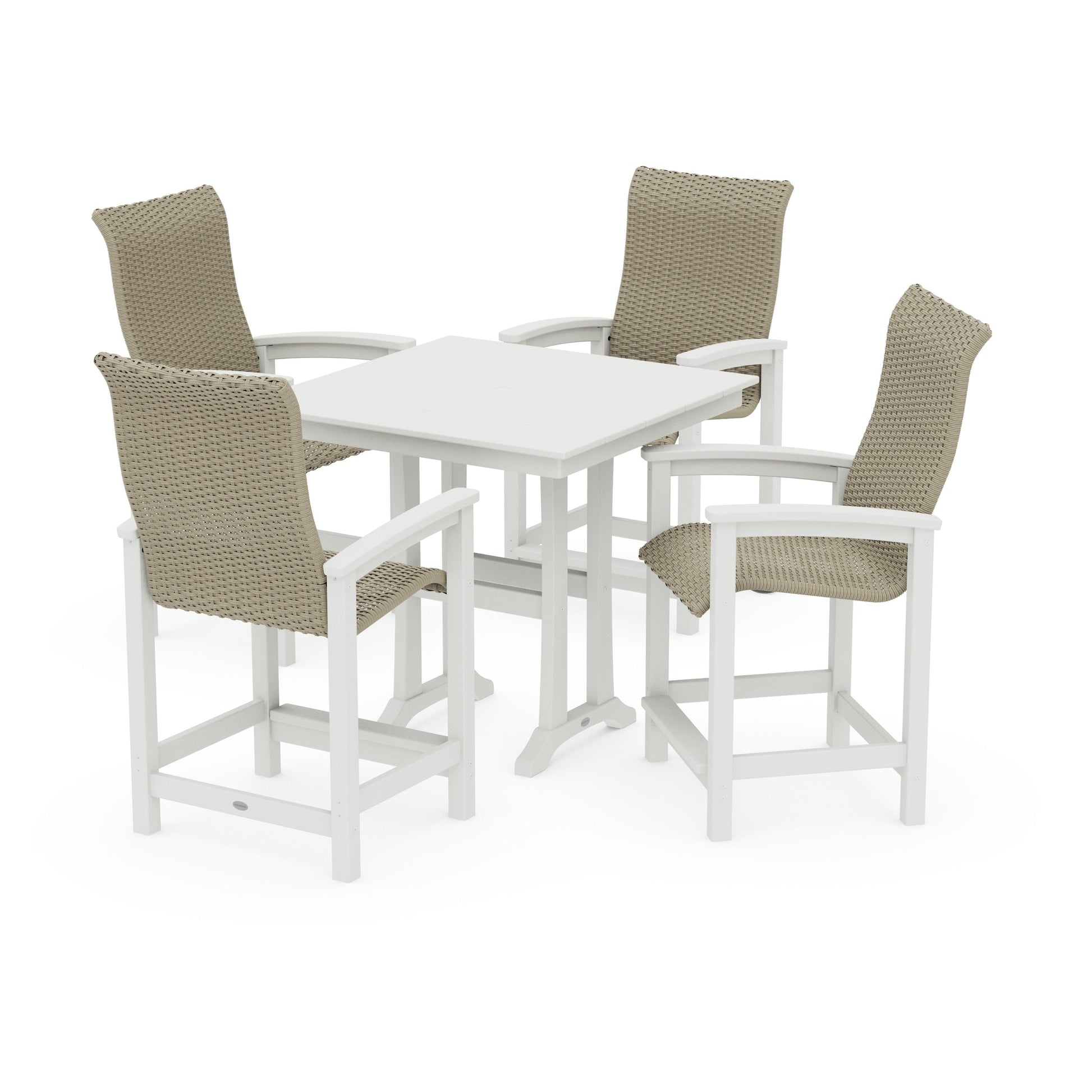 POLYWOOD Coastal Woven High-Back 5-Piece Farmhouse Counter Set with Trestle Legs — White / Dune Grass