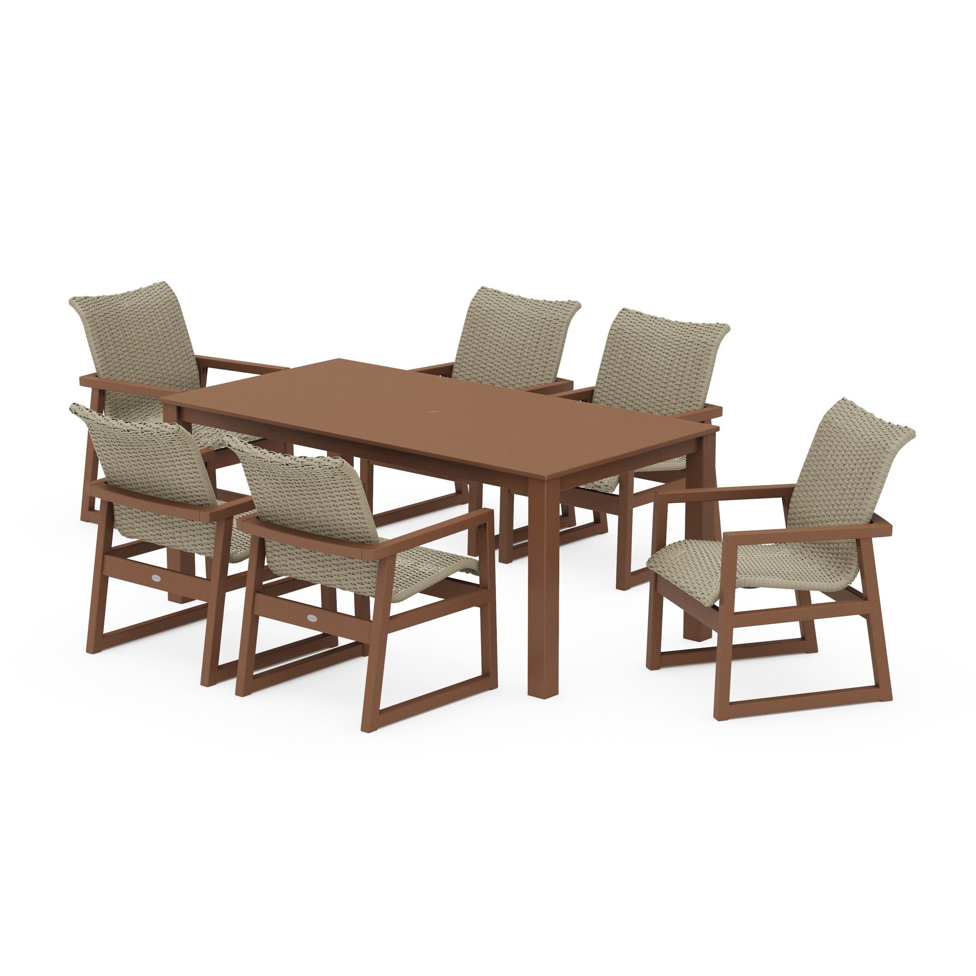 POLYWOOD EDGE Woven Arm Chair 7-Piece Parsons Dining Set — Teak / Dune Grass