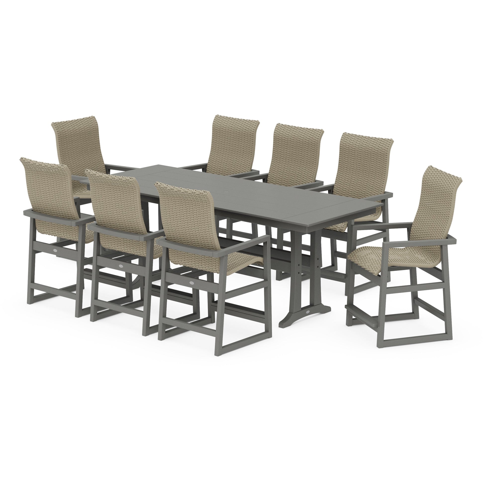 POLYWOOD EDGE Woven Highback 9-Piece Farmhouse Counter Set with Trestle Legs — Slate Grey / Dune Grass