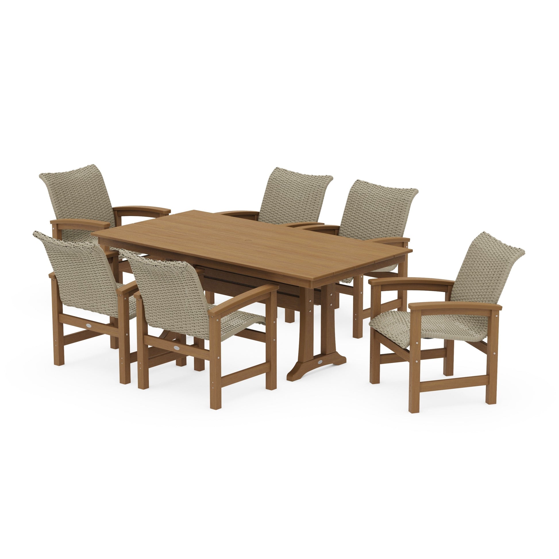POLYWOOD Coastal Woven Arm Chair 7-Piece Farmhouse Dining Set with Trestle Legs — Natural / Dune Grass