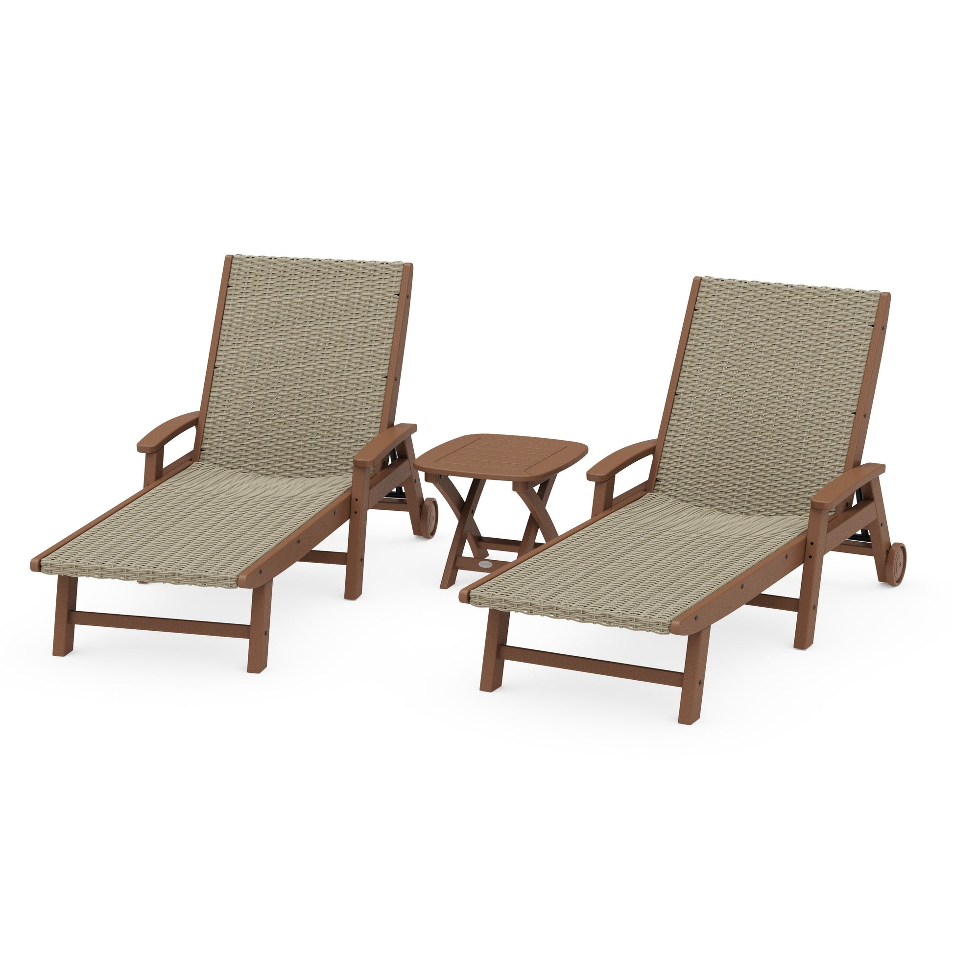 POLYWOOD 3-Piece Coastal Woven Chaise with Arms and Wheels Chaise Lounge Set — Teak / Dune Grass