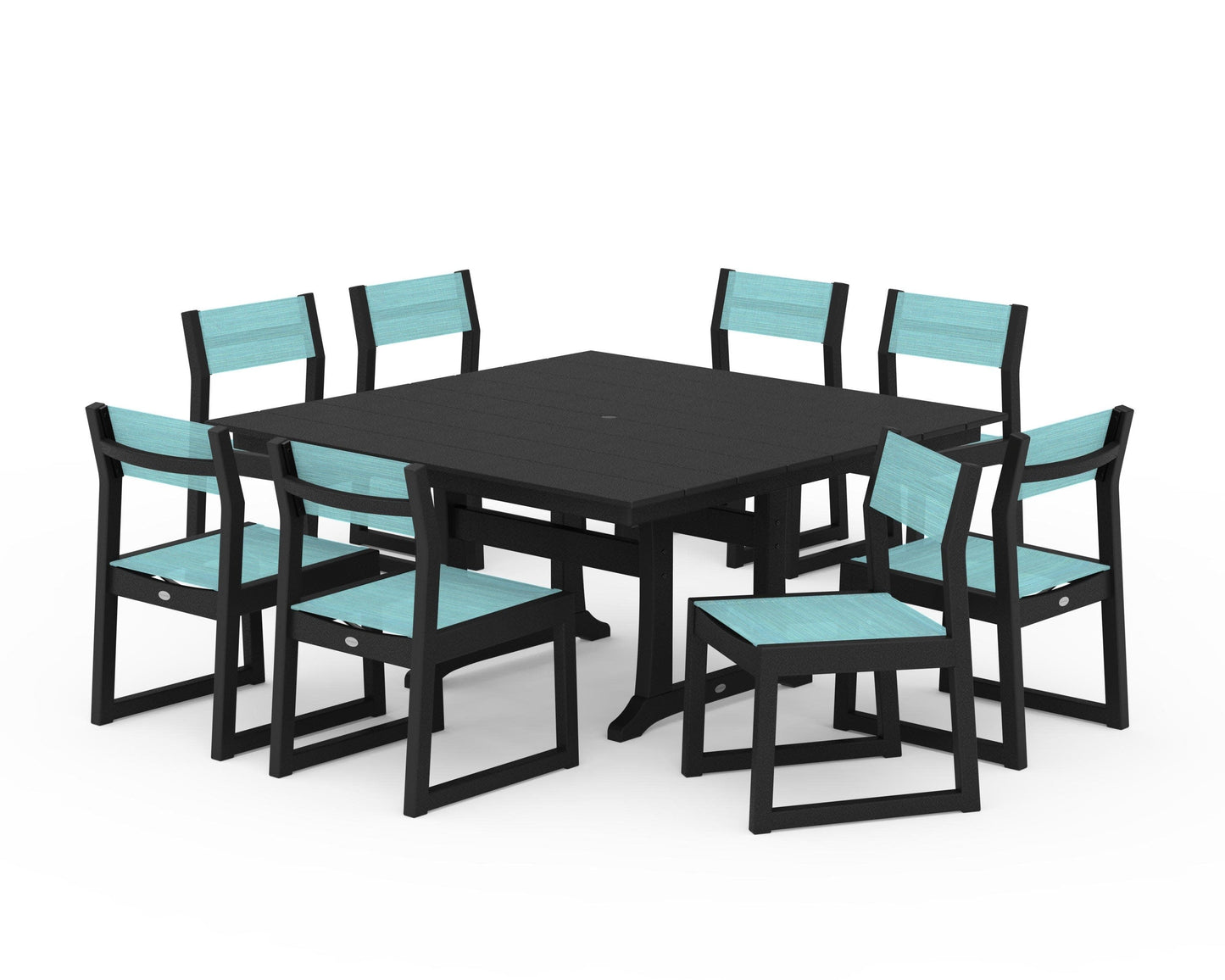 POLYWOOD EDGE Sling Side Chair 9-Piece Farmhouse Trestle Dining Set — Black / Dupioni Aquamarine Sling