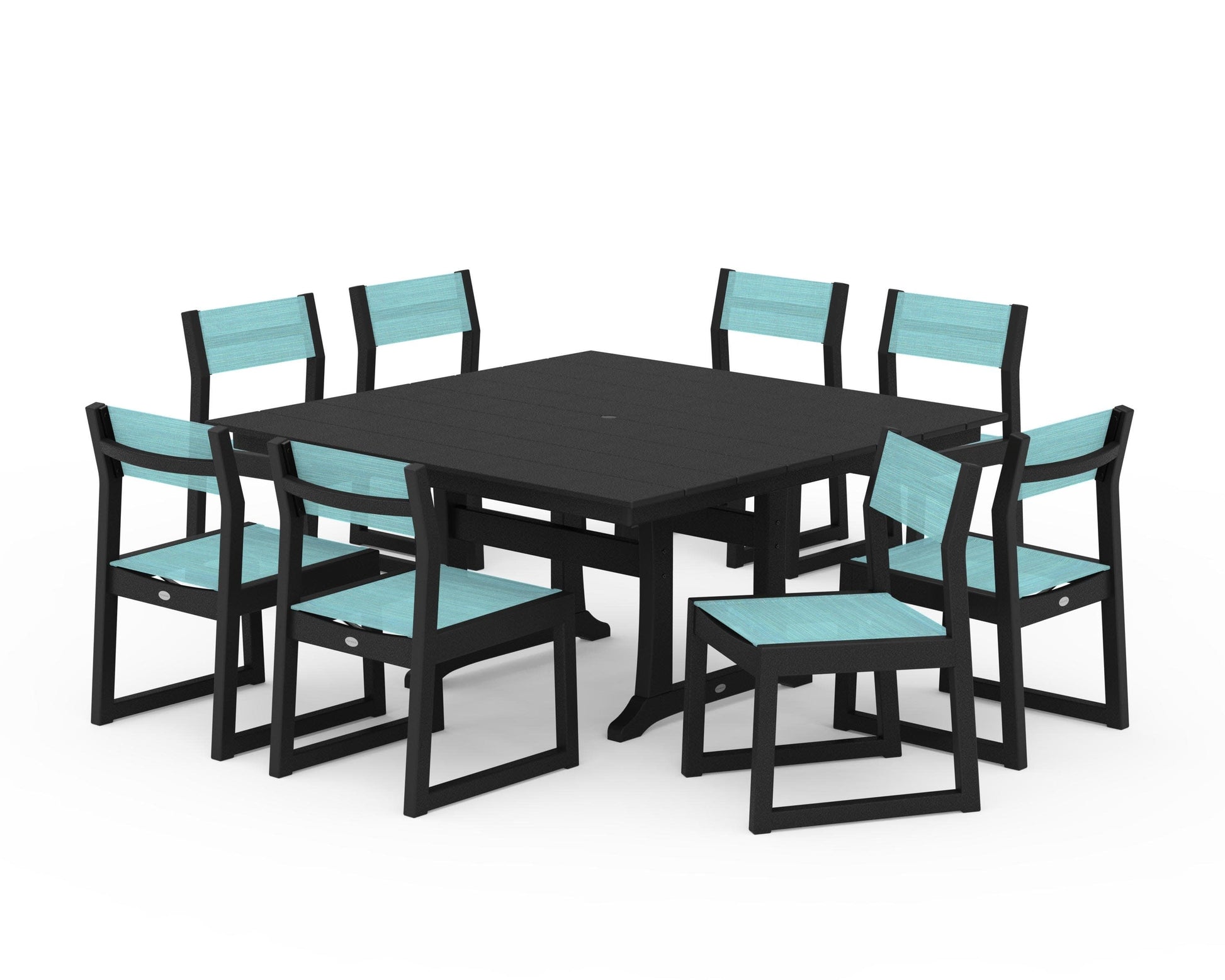 POLYWOOD EDGE Sling Side Chair 9-Piece Farmhouse Trestle Dining Set — Black / Dupioni Aquamarine Sling