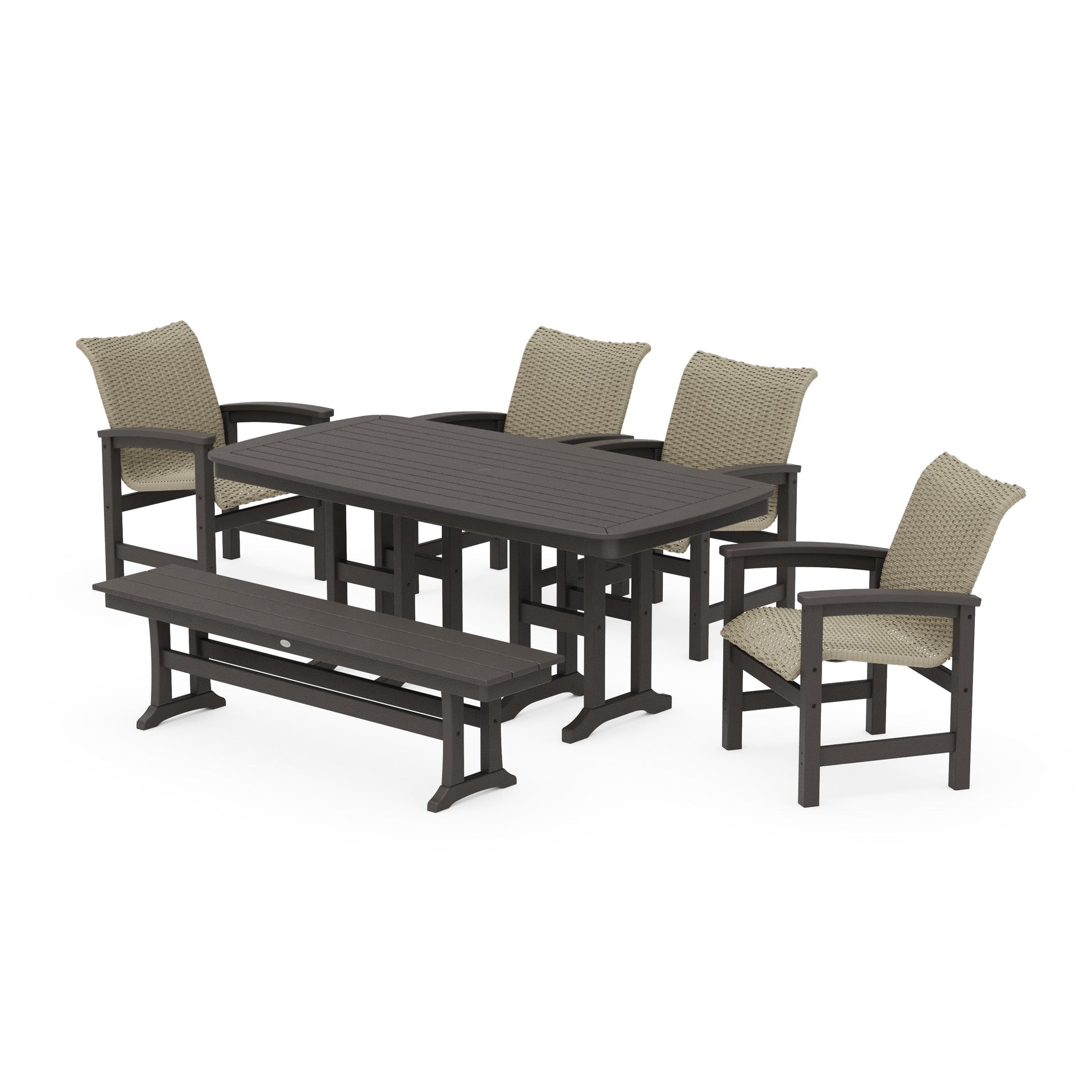 POLYWOOD Coastal Woven 6-Piece Farmhouse Dining Set with Bench — Vintage Coffee / Dune Grass